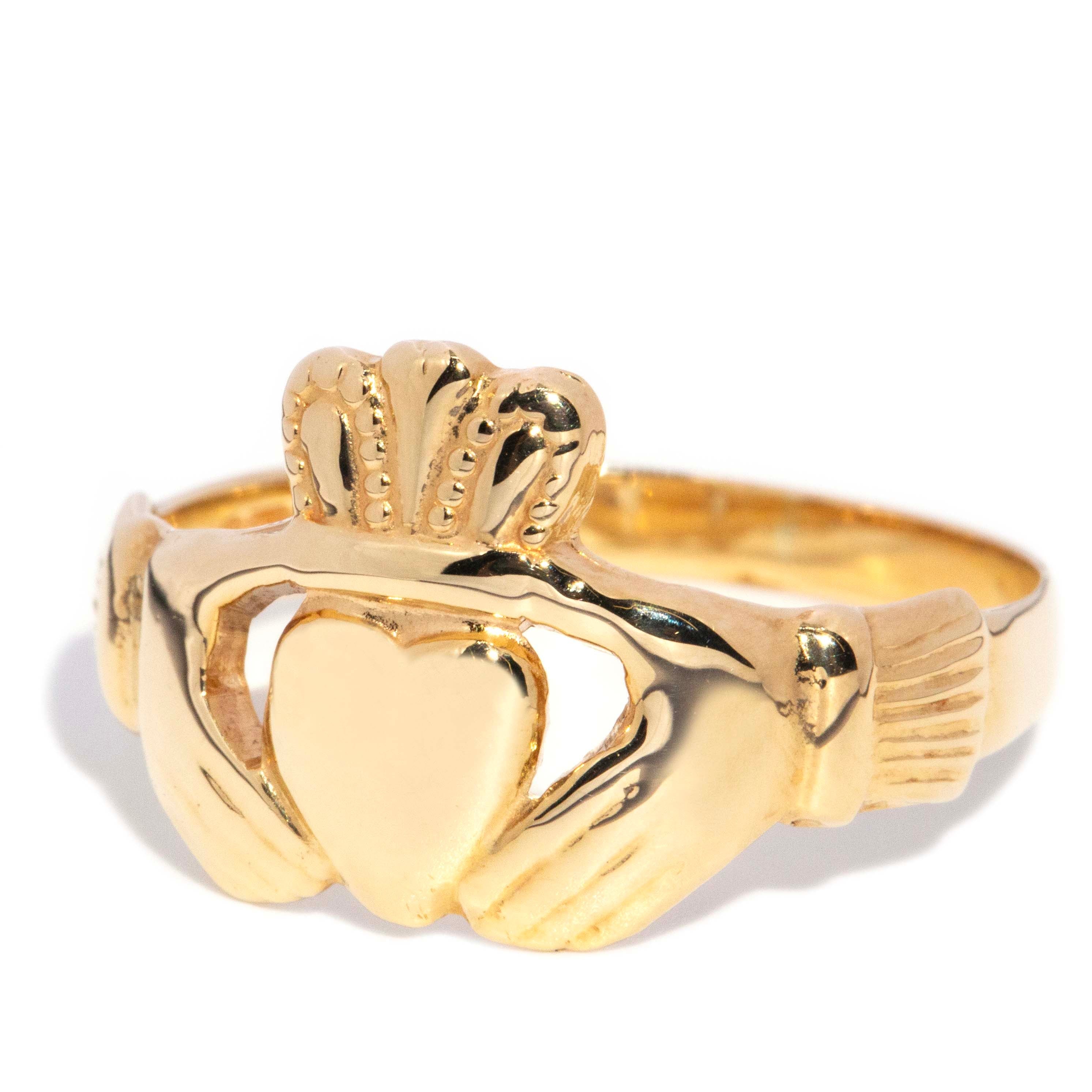 Finnley Vintage Circa 1980s Symbolic Claddagh Relationship Ring 9ct Yellow Gold Rings Imperial Jewellery 