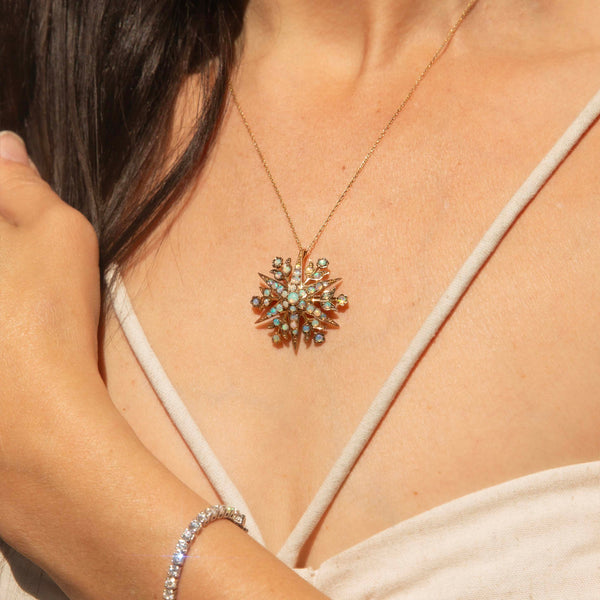 Fleur Edwardian Crystal Opal Star Pendant Brooch 15ct Gold Brooches Imperial Jewellery 