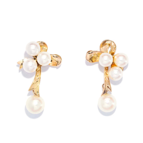 Francine 1950s Akoya Pearl Ribbon Drop Studs 9K Yellow Gold