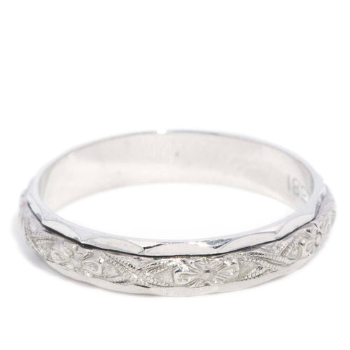 Freda 1960s Repoussé Style Floral Band Ring 18K White Gold