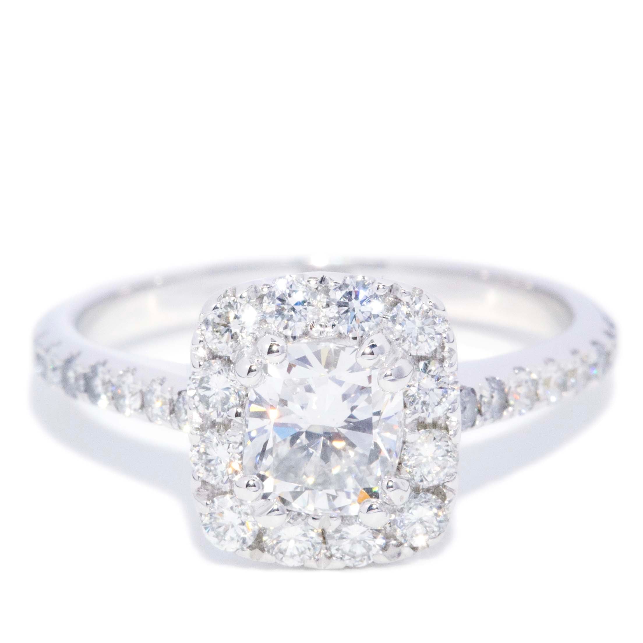 Freda Certified Cushion Cut Diamond Halo Ring 18K White Gold Rings Anthology Jewellers 