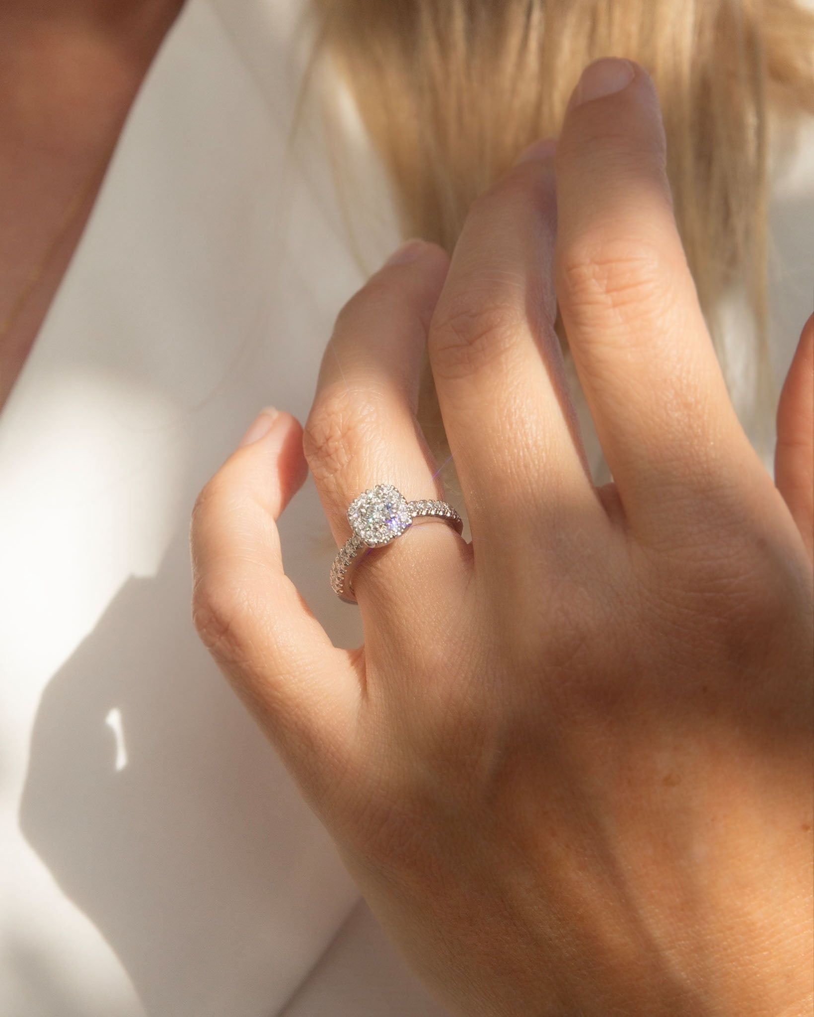 Freda Certified Cushion Cut Diamond Halo Ring 18K White Gold Rings Anthology Jewellers 