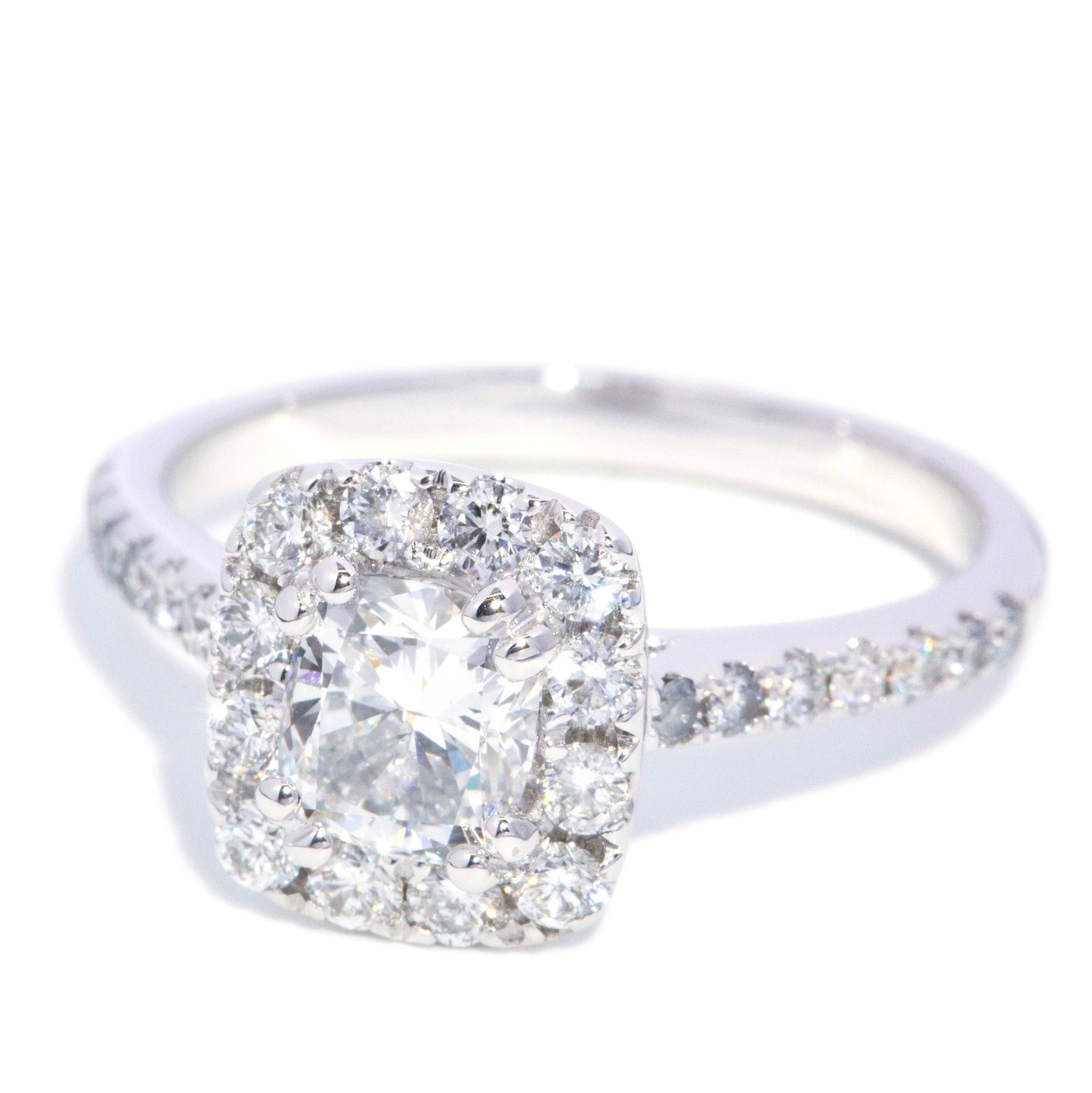 Freda Certified Cushion Cut Diamond Halo Ring 18K White Gold Rings Anthology Jewellers 