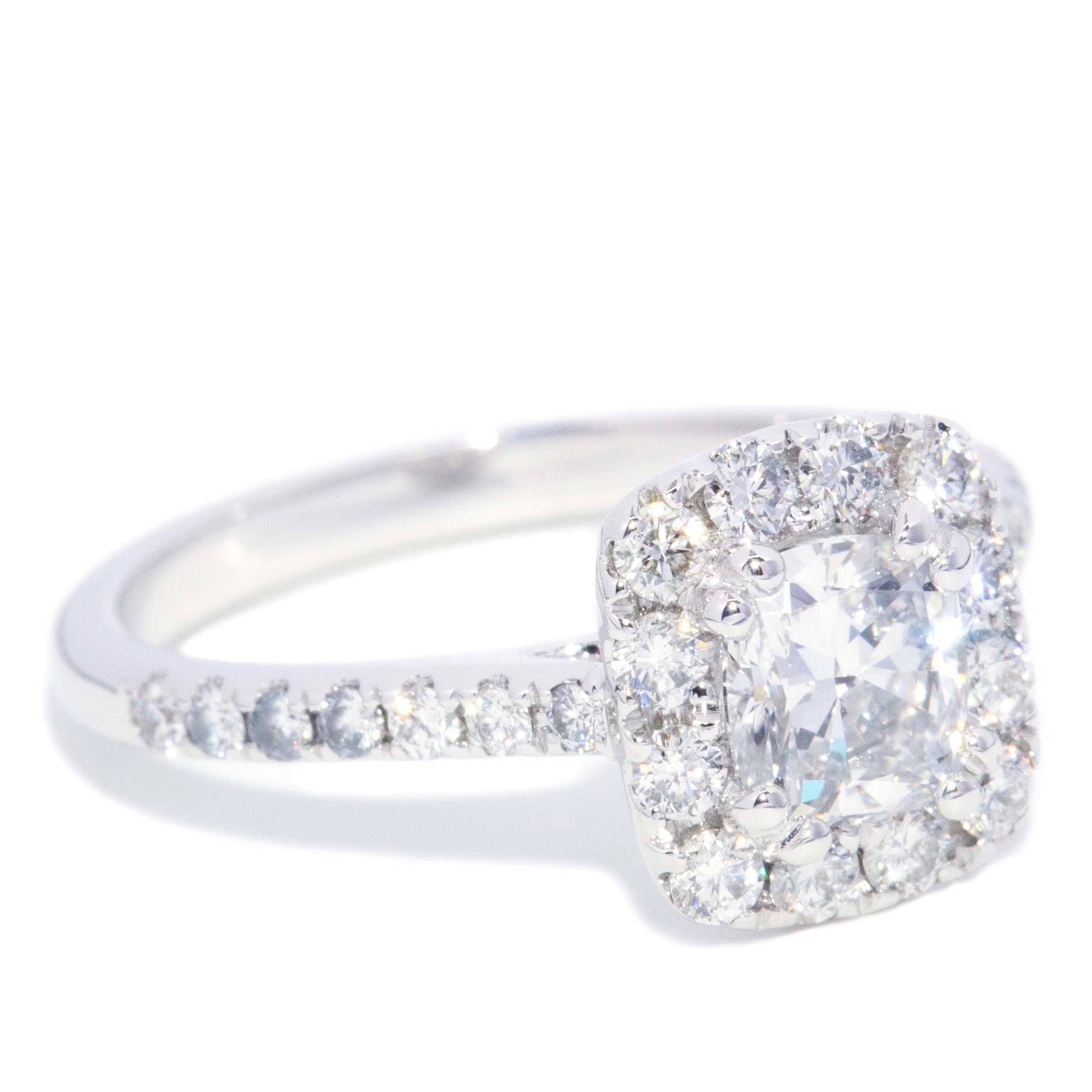 Freda Certified Cushion Cut Diamond Halo Ring 18K White Gold Rings Anthology Jewellers 