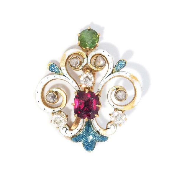 Antique Victorian Rhodolite Tourmaline & Diamond Brooch 18 Carat Gold