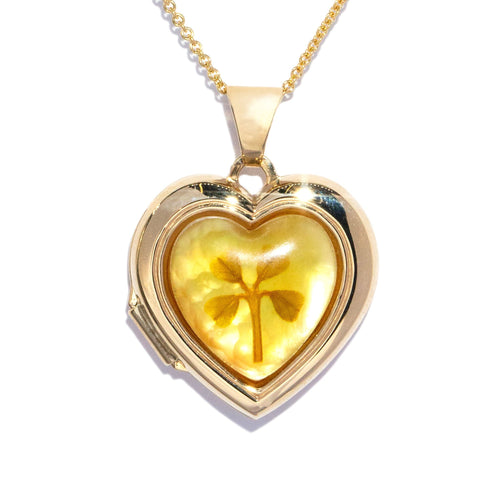 Genuine Four Leaf Clover Heart Locket Pendant 9K Yellow Gold