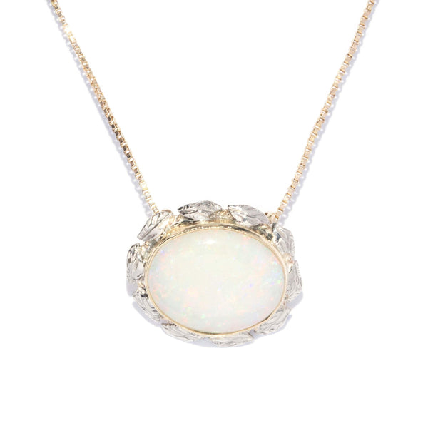 Vintage Circa 1980s White Opal Leaf Pendant & Chain 14 Carat Gold