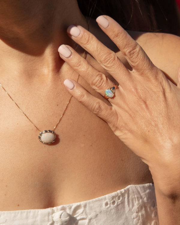 Vintage Circa 1980s White Opal Leaf Pendant & Chain 14 Carat Gold
