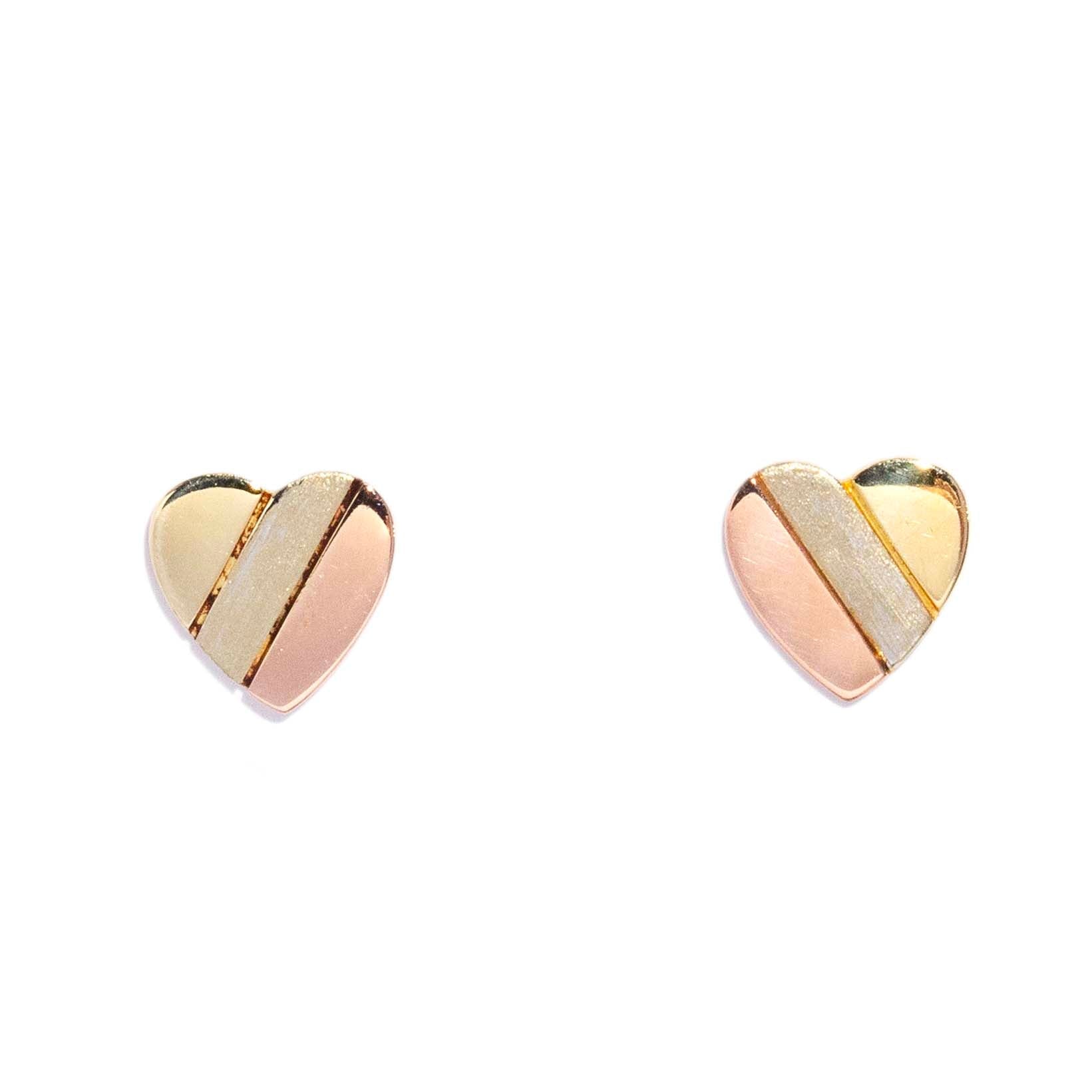 Harper Contemporary Diagonal Heart Shaped Stud Earrings 9ct Three Tone Gold Earrings Imperial Jewellery 
