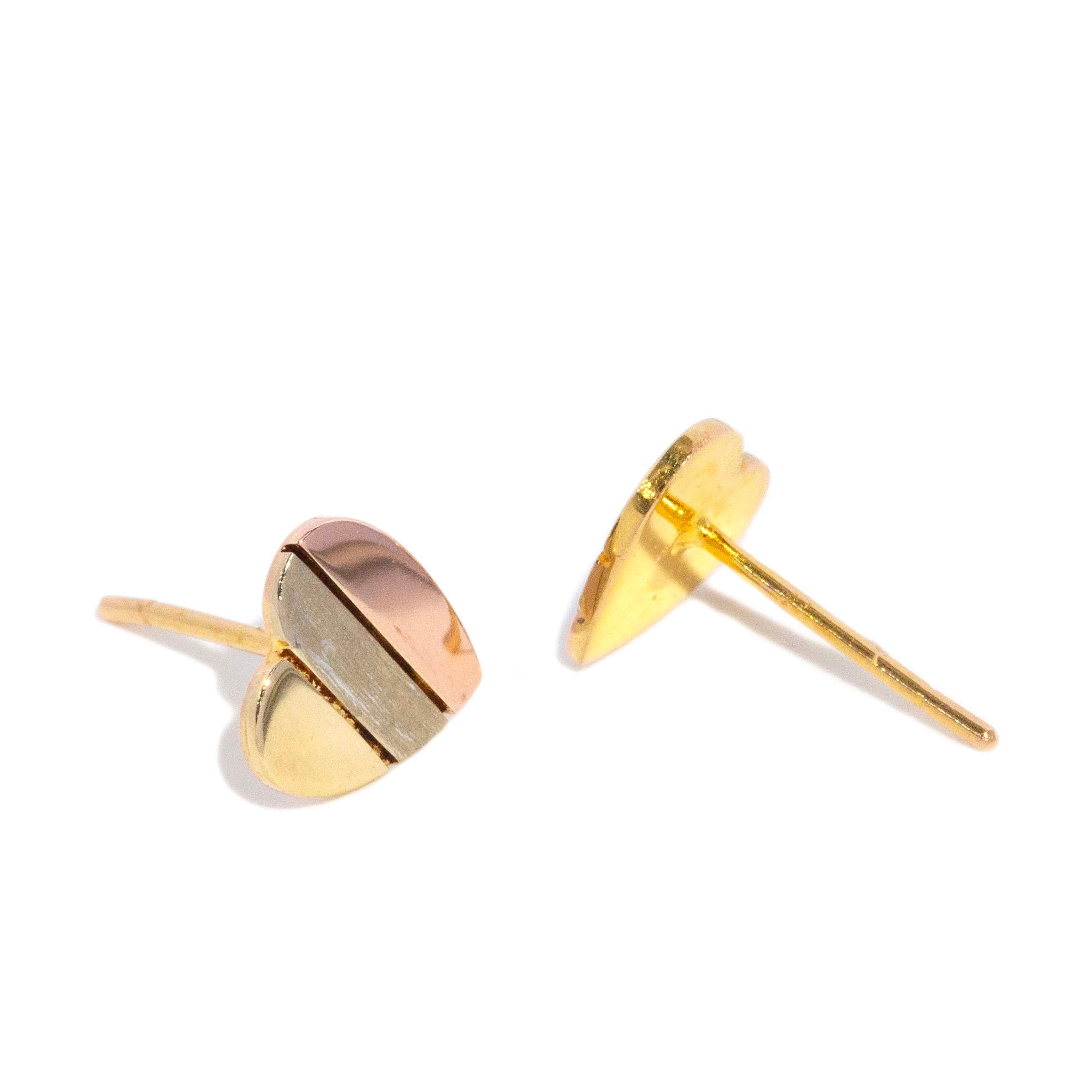 Harper Contemporary Diagonal Heart Shaped Stud Earrings 9ct Three Tone Gold Earrings Imperial Jewellery 