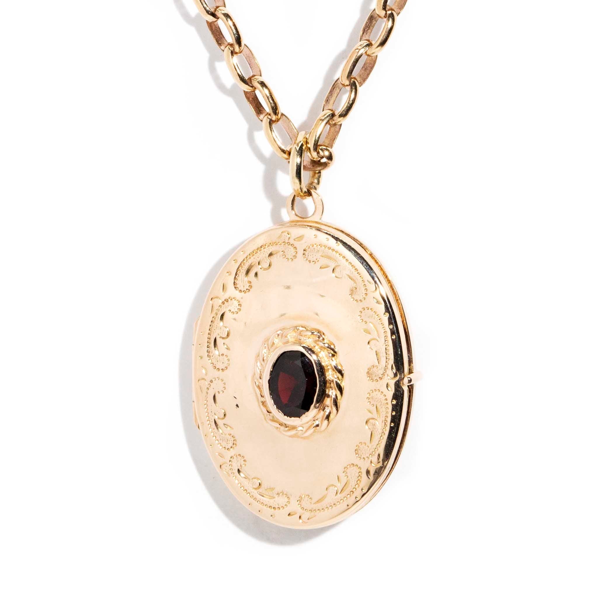Haven Garnet Engraved Oval Locket 9K Yellow Gold Charms & Pendants Imperial Jewellery 