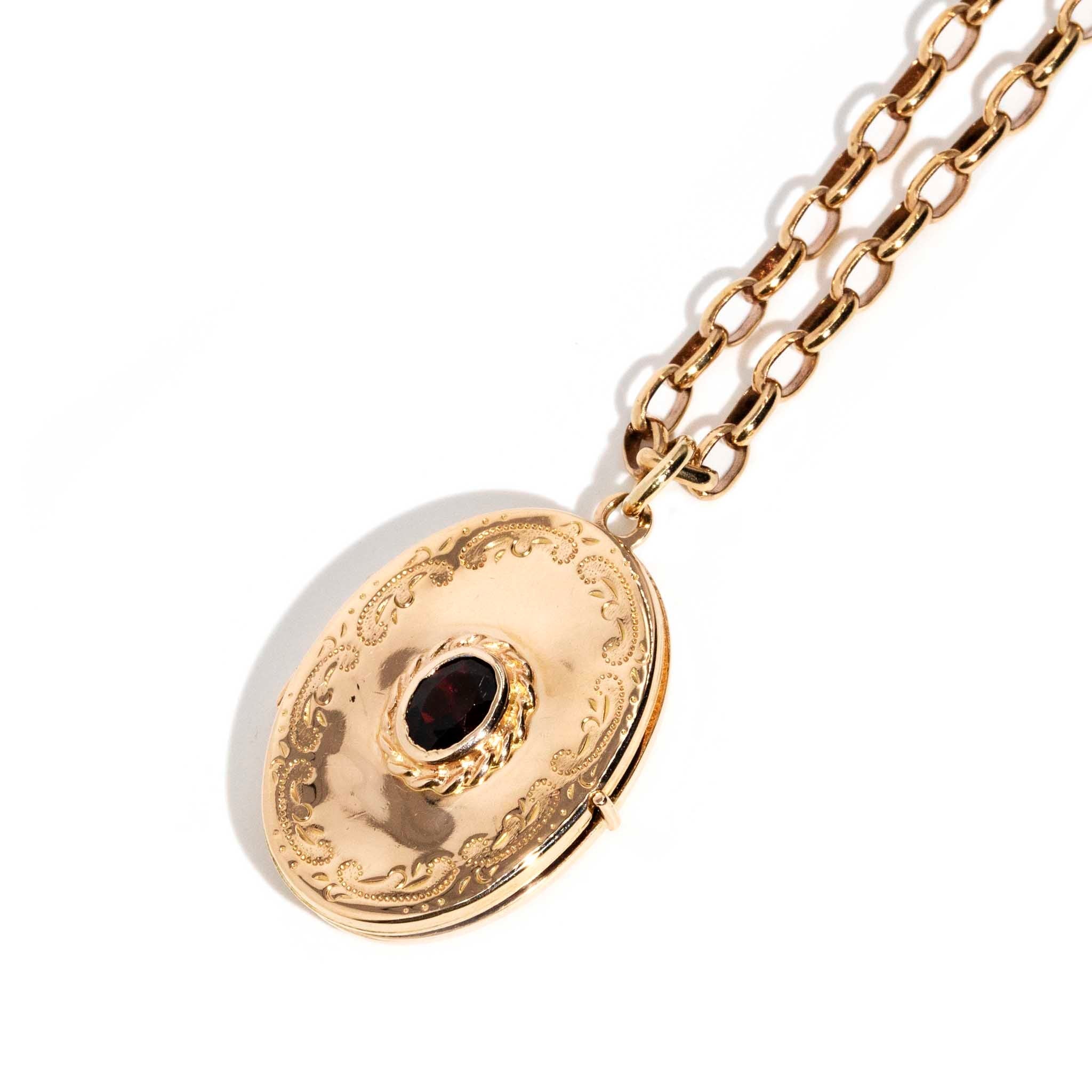 Haven Garnet Engraved Oval Locket 9K Yellow Gold Charms & Pendants Imperial Jewellery 