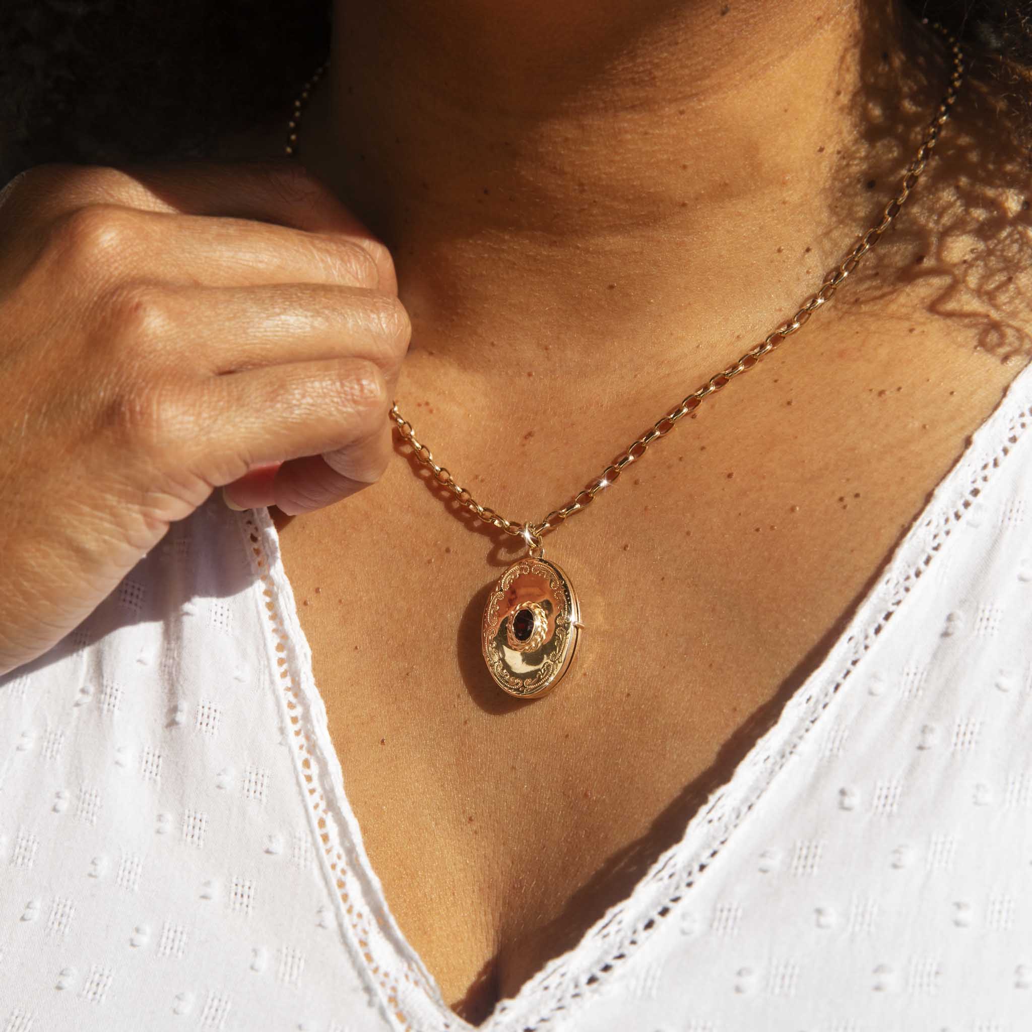 Haven Garnet Engraved Oval Locket 9K Yellow Gold Charms & Pendants Imperial Jewellery 