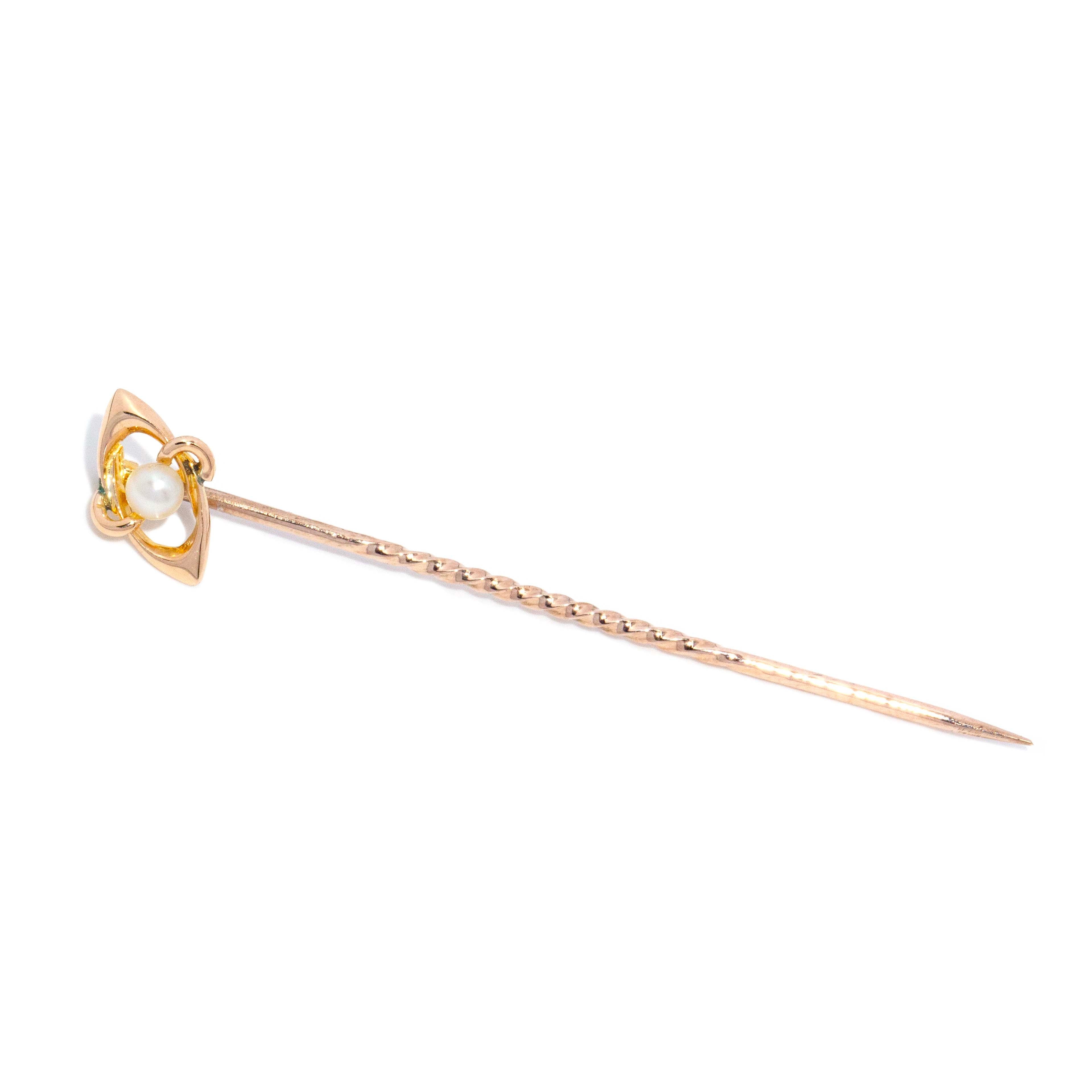 Henrietta Art Deco Era Button Pearl Openwork Setting Hatpin 15ct Yellow Gold Brooches Imperial Jewellery 