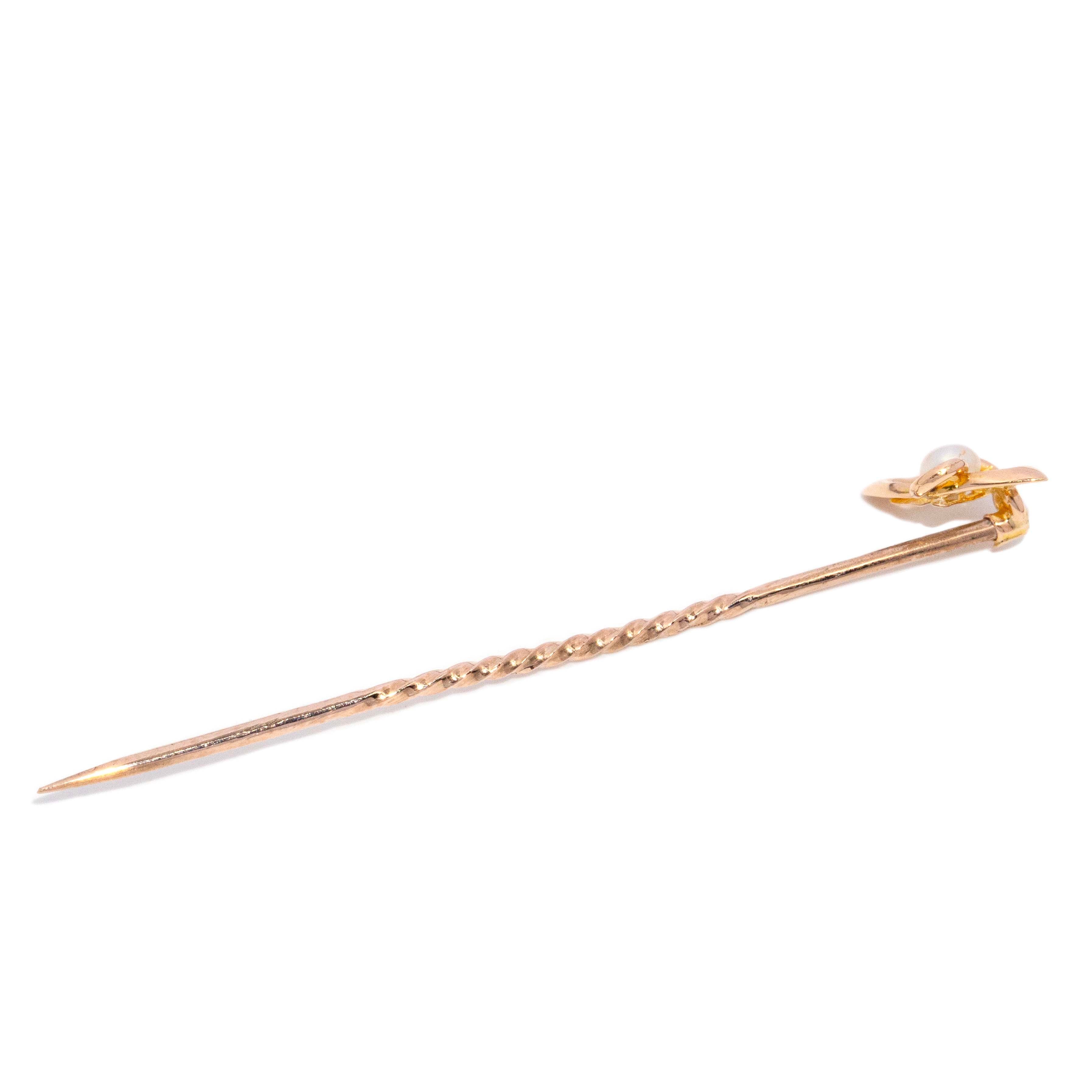 Henrietta Art Deco Era Button Pearl Openwork Setting Hatpin 15ct Yellow Gold Brooches Imperial Jewellery 