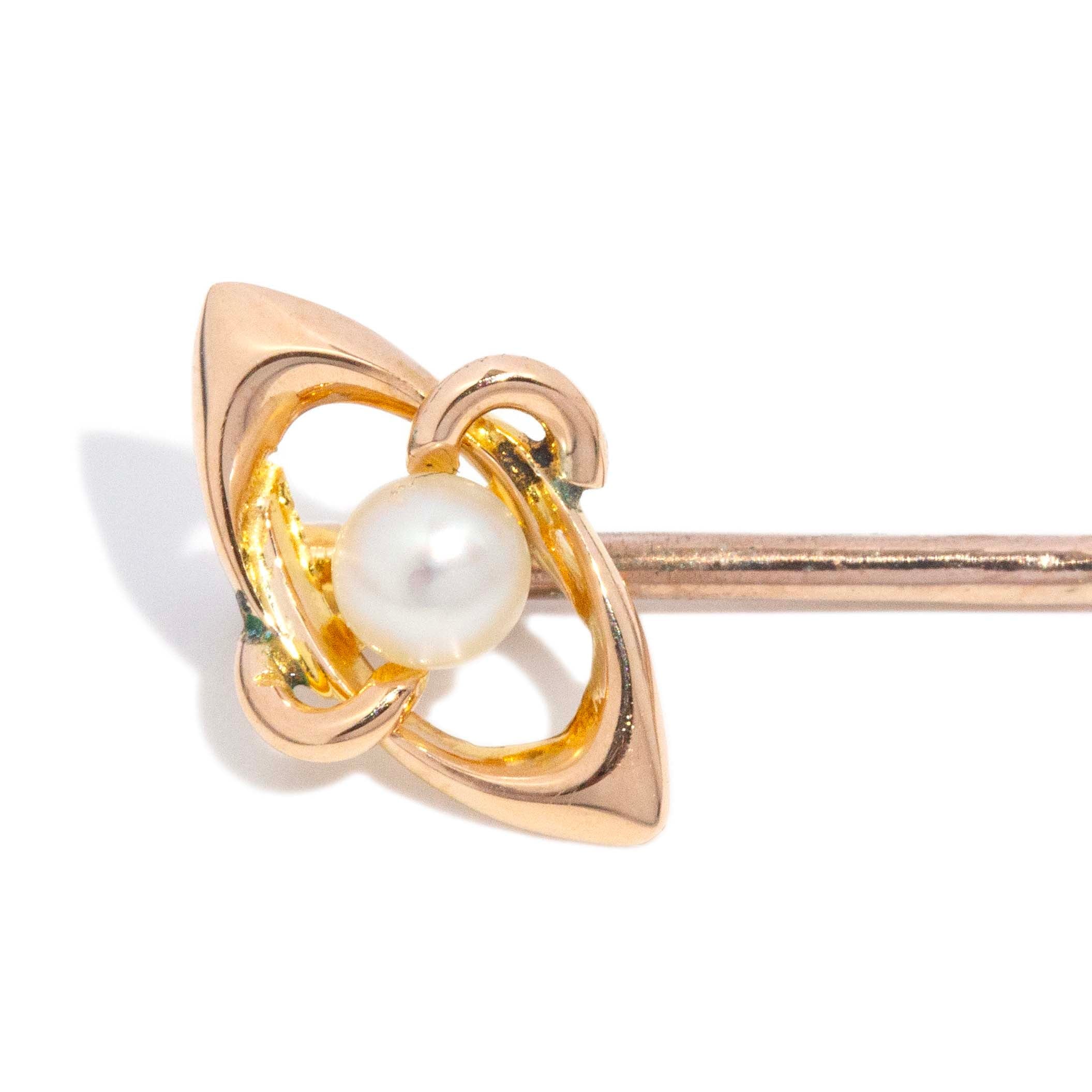 Henrietta Art Deco Era Button Pearl Openwork Setting Hatpin 15ct Yellow Gold Brooches Imperial Jewellery 