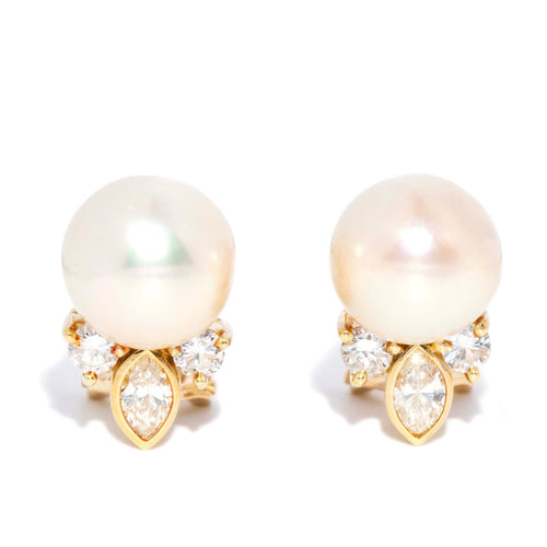 Ida 1980s Pearl & Diamond Stud Earrings 18K Yellow Gold