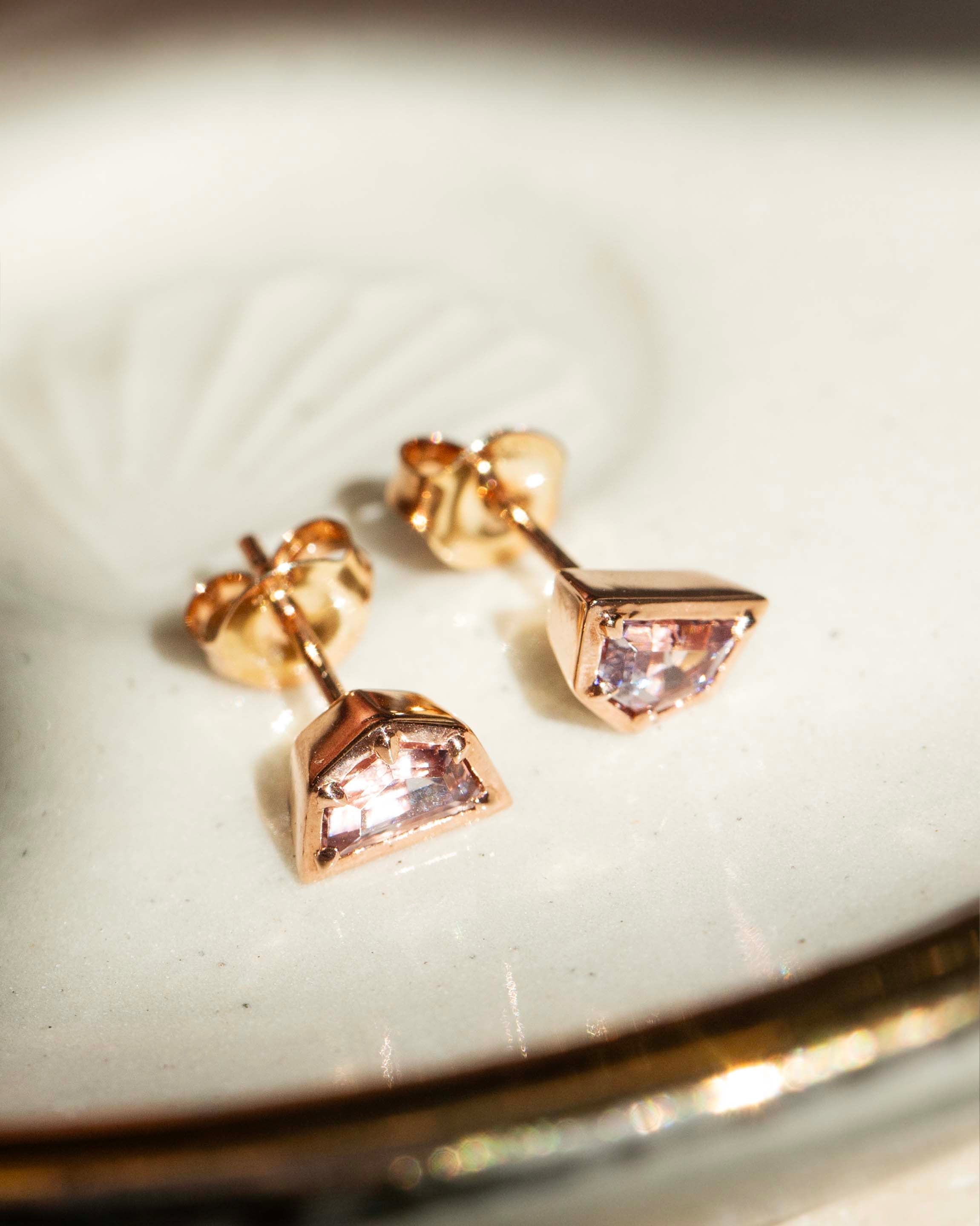 Ida Contemporary Purplish Pink Cadillac Cut Spinel Stud Earrings 9ct Rose Gold Earrings Imperial Jewellery 