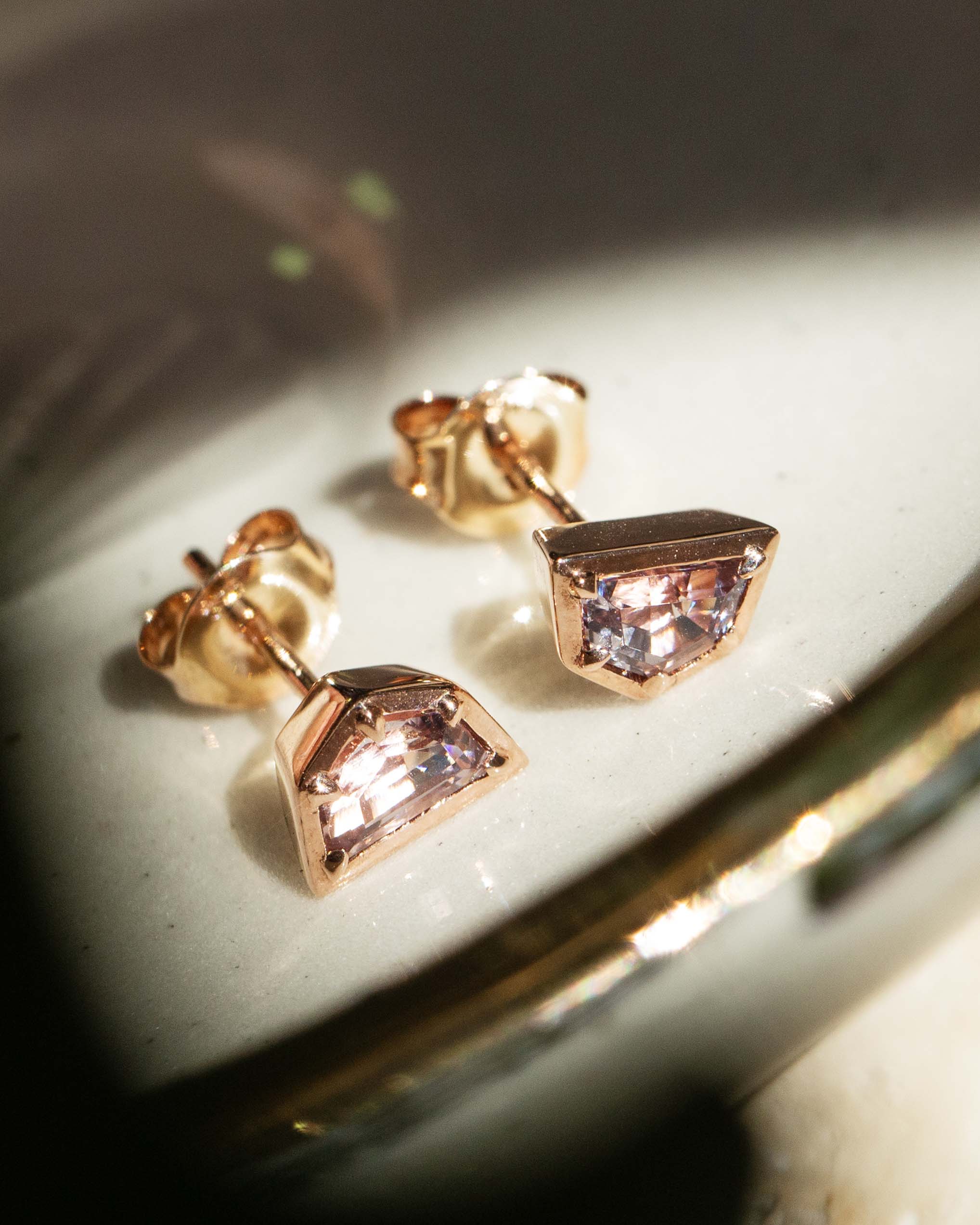 Ida Contemporary Purplish Pink Cadillac Cut Spinel Stud Earrings 9ct Rose Gold Earrings Imperial Jewellery 
