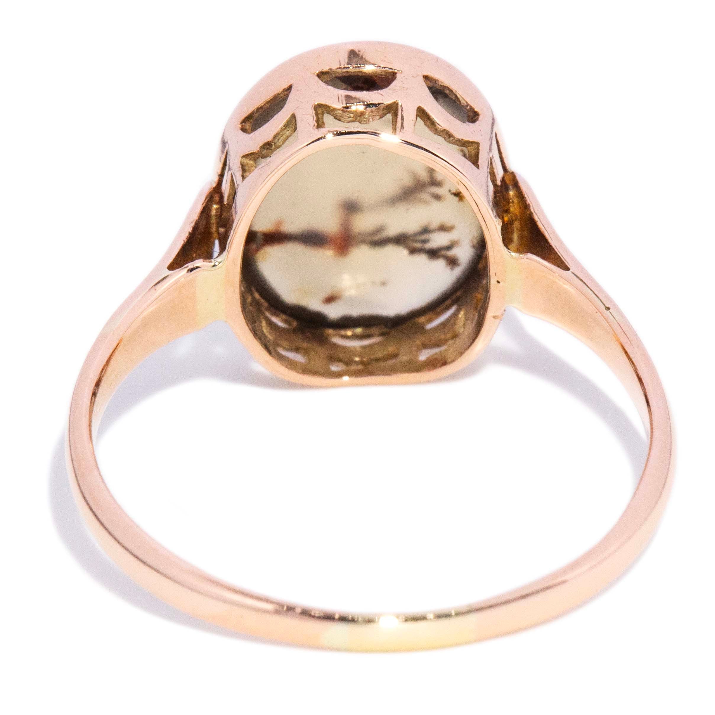Indira 1950s Moss Agate Cabochon Dress Ring 9K Yellow Gold Rings Anthology Jewellers 