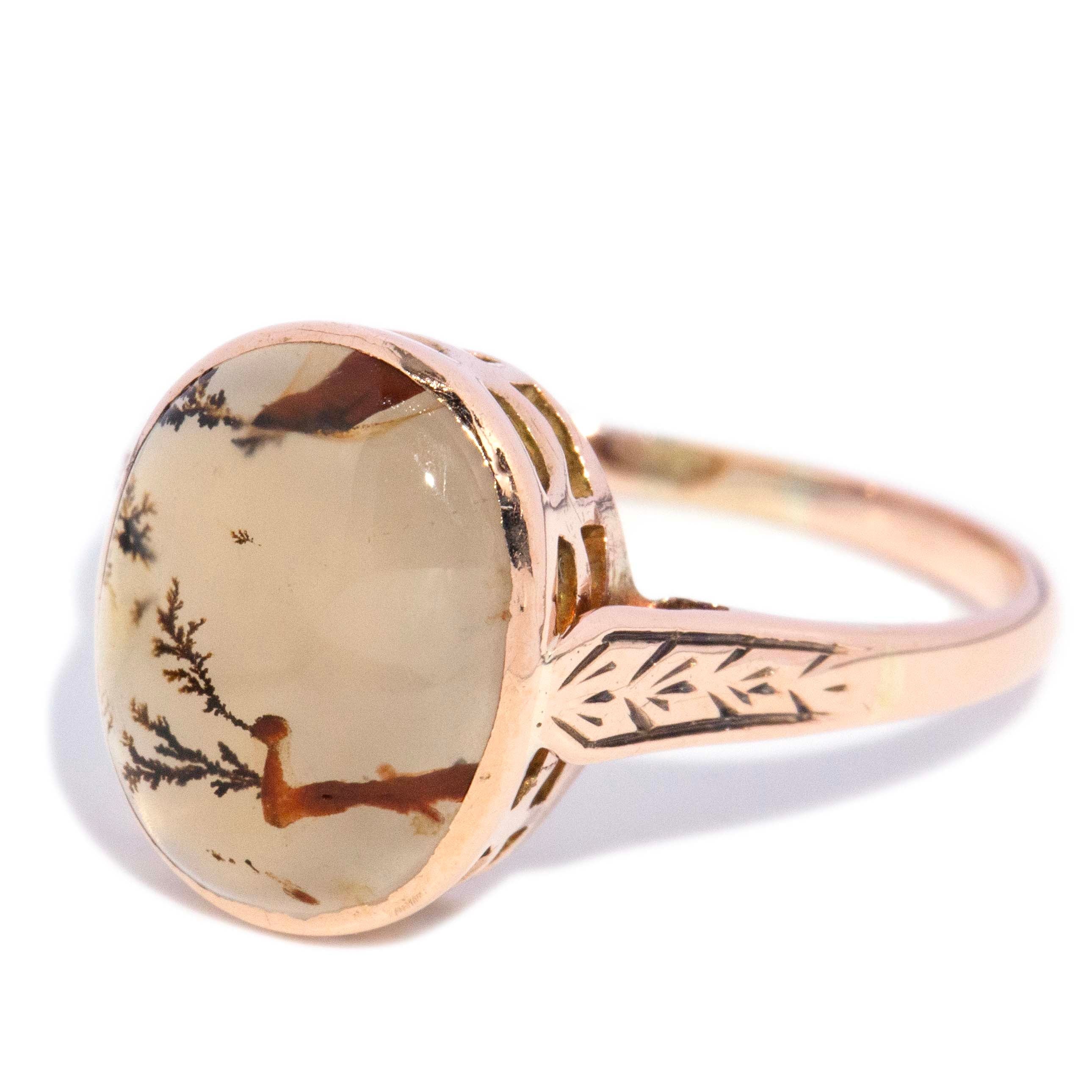 Indira 1950s Moss Agate Cabochon Dress Ring 9K Yellow Gold Rings Anthology Jewellers 