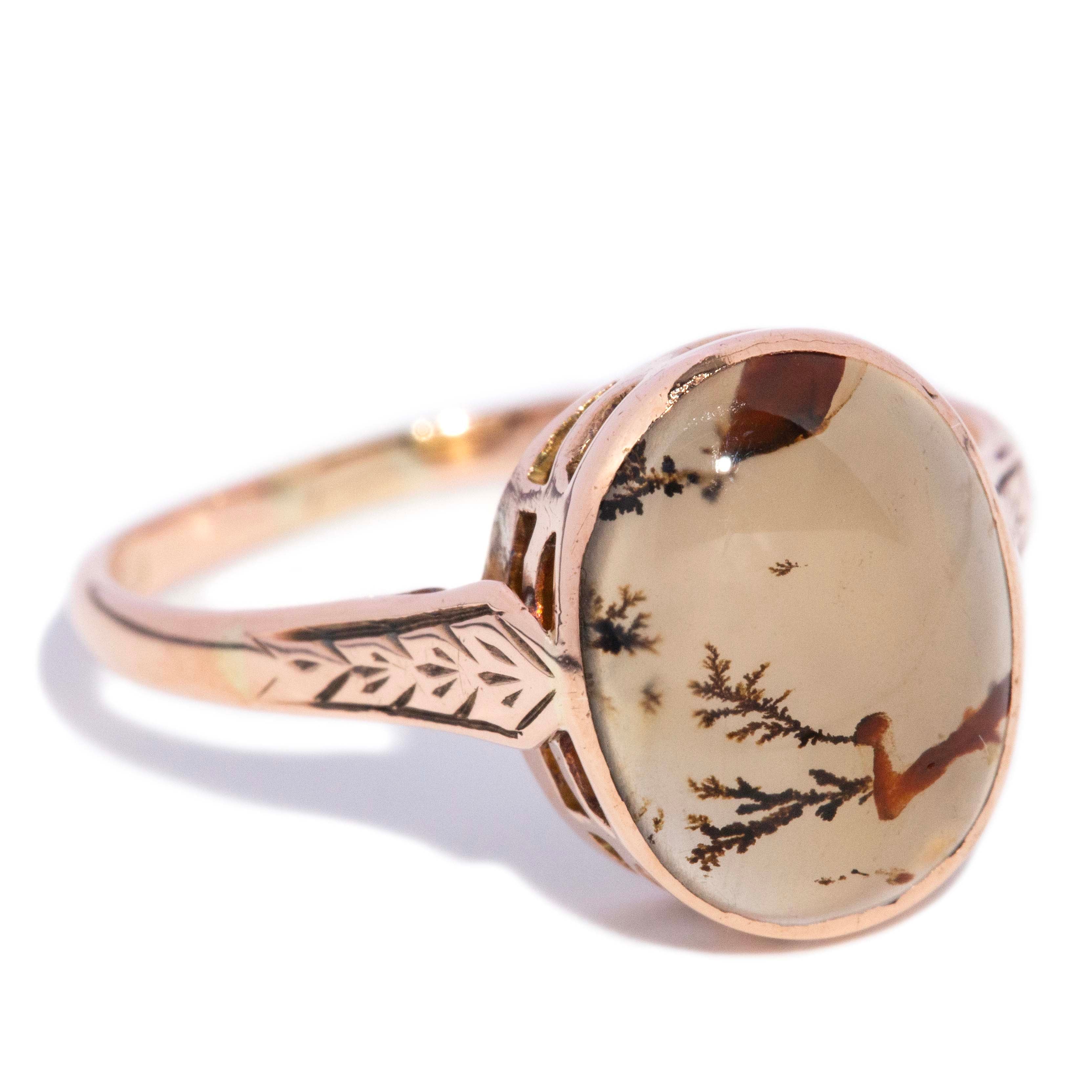 Indira 1950s Moss Agate Cabochon Dress Ring 9K Yellow Gold Rings Anthology Jewellers 