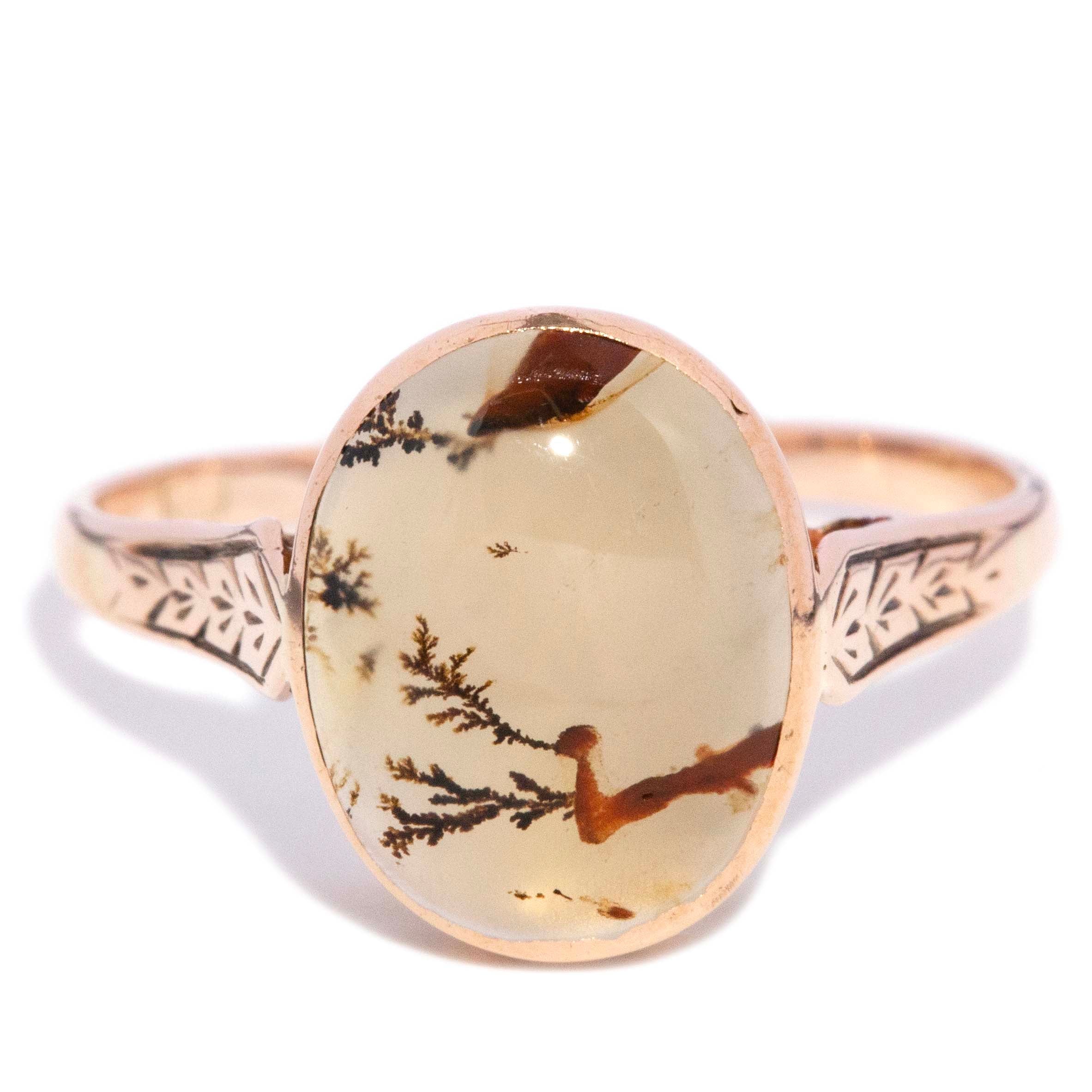 Indira 1950s Moss Agate Cabochon Dress Ring 9K Yellow Gold Rings Anthology Jewellers 