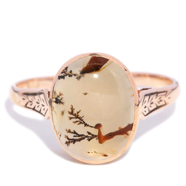 Indira 1950s Moss Agate Cabochon Dress Ring 9K Yellow Gold Rings Anthology Jewellers 