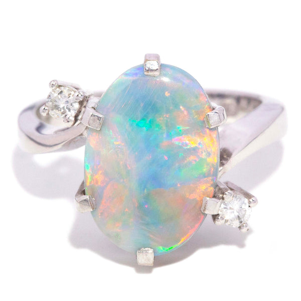 Indus Australian Opal & Diamond Bypass Ring 18ct White Gold Rings Imperial Jewellery 