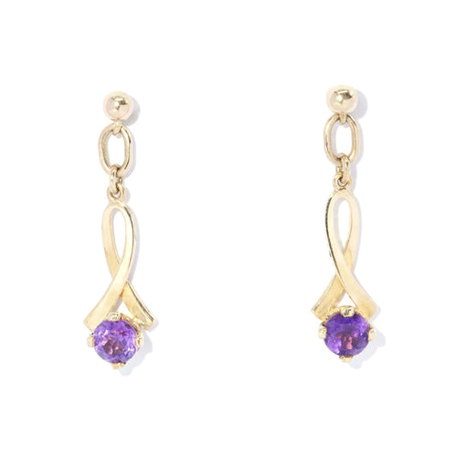 Ione 1980s Amethyst Ribbon Drop Earrings 9K Yellow Gold