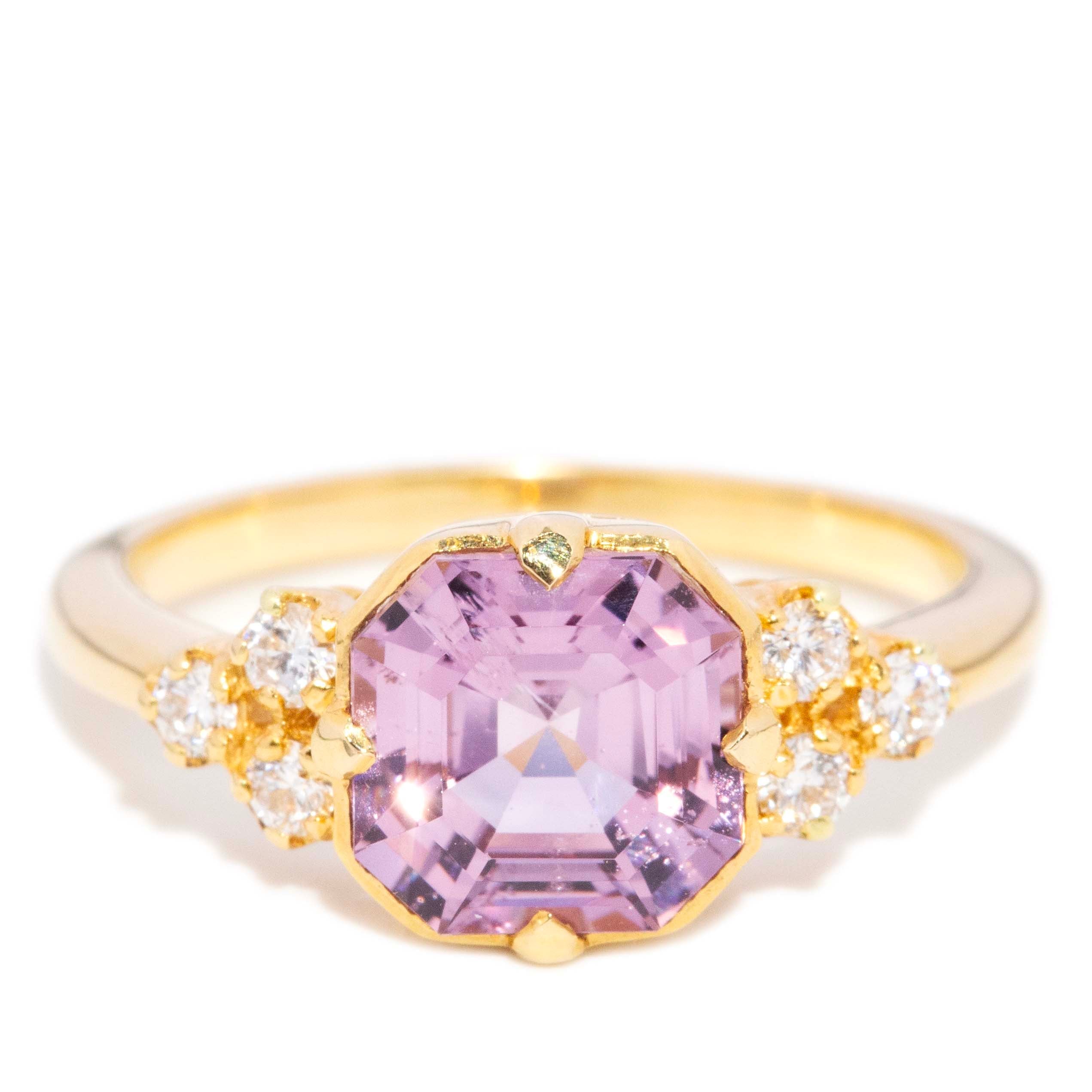 Isadora Asscher Cut Bright Light Purple Spinel & Diamond Ring 18ct Yellow Gold Rings Imperial Jewellery 