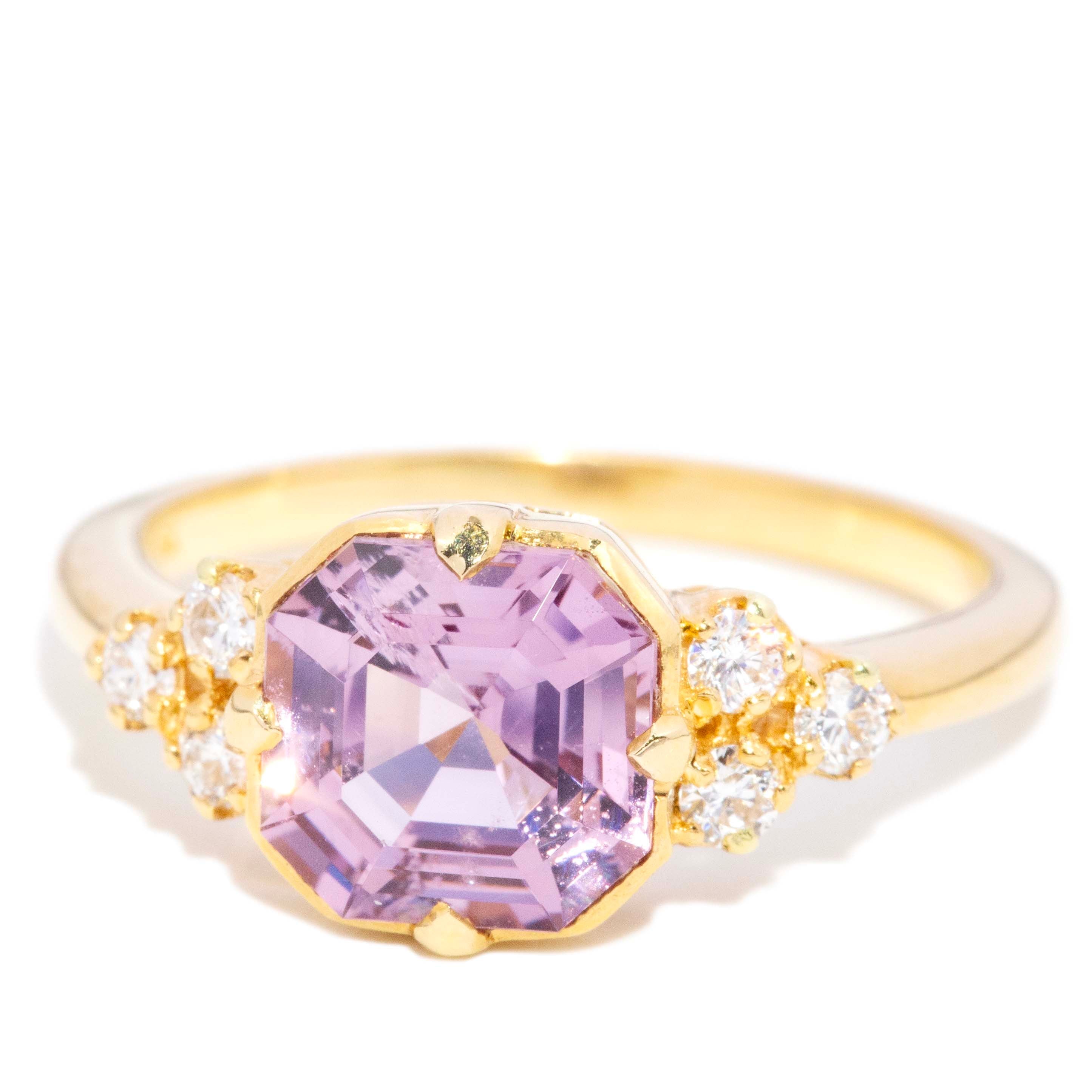 Isadora Asscher Cut Bright Light Purple Spinel & Diamond Ring 18ct Yellow Gold Rings Imperial Jewellery 