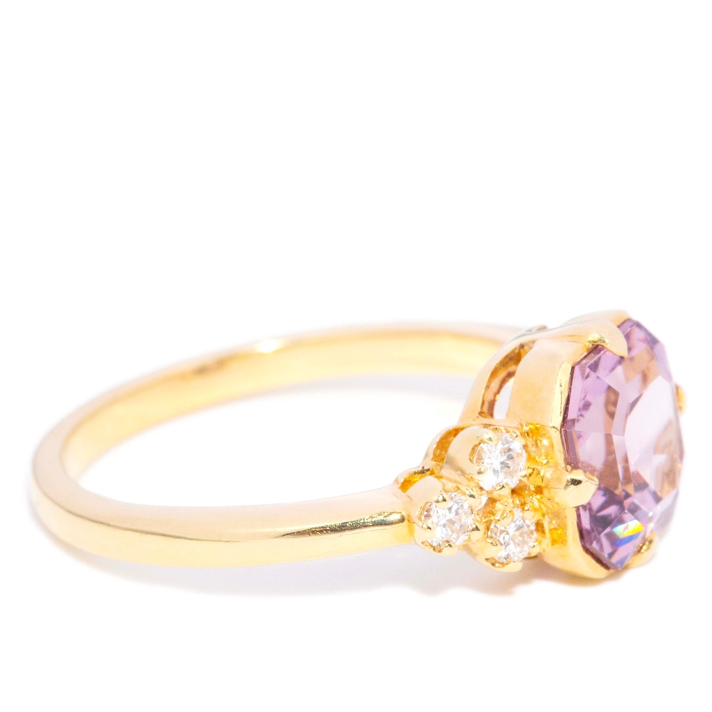 Isadora Asscher Cut Bright Light Purple Spinel & Diamond Ring 18ct Yellow Gold Rings Imperial Jewellery 