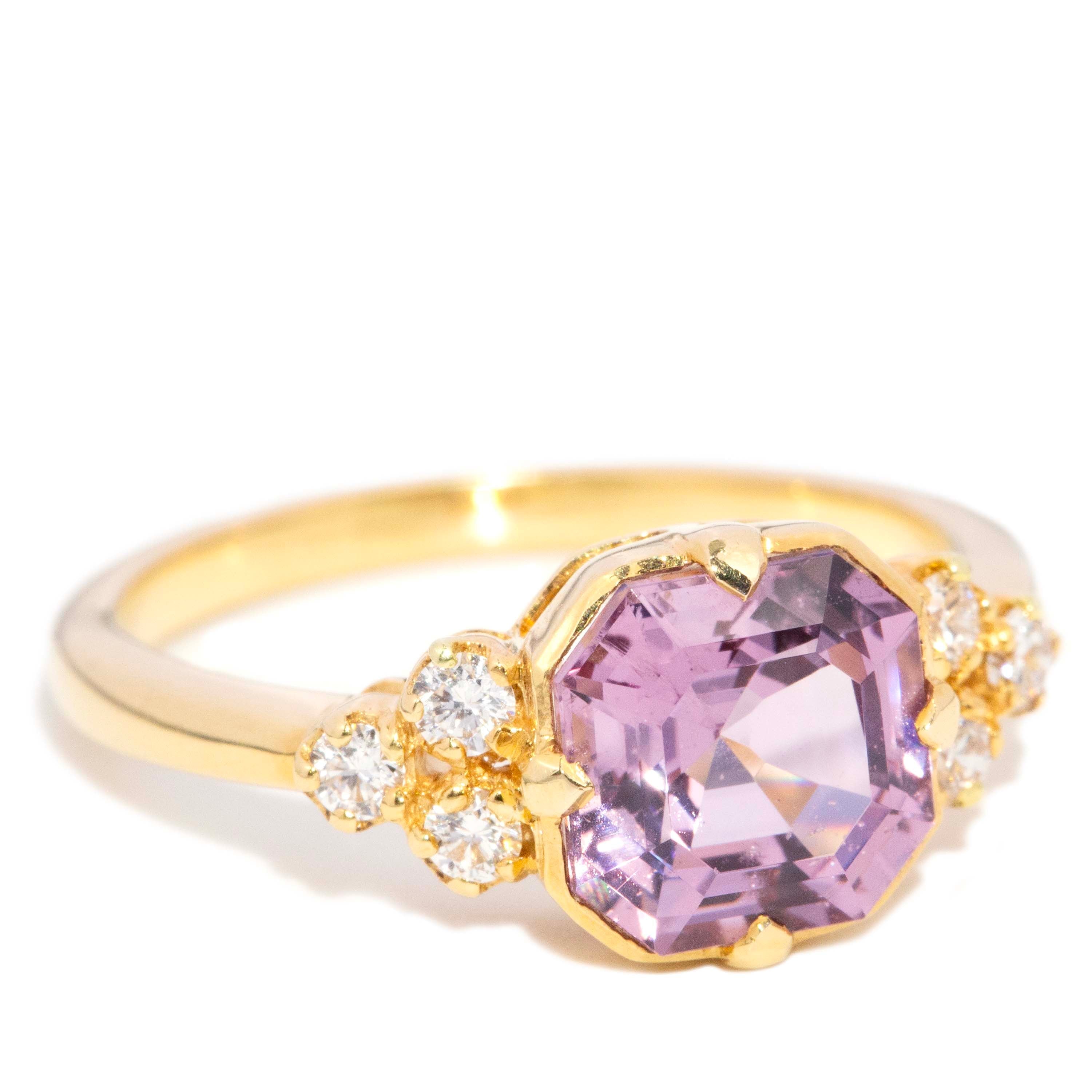 Isadora Asscher Cut Bright Light Purple Spinel & Diamond Ring 18ct Yellow Gold Rings Imperial Jewellery 
