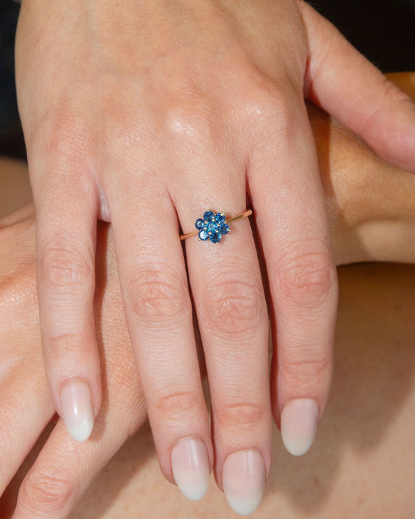 Janine 1980s Sapphire Flower Cluster Ring 10K Yellow Gold