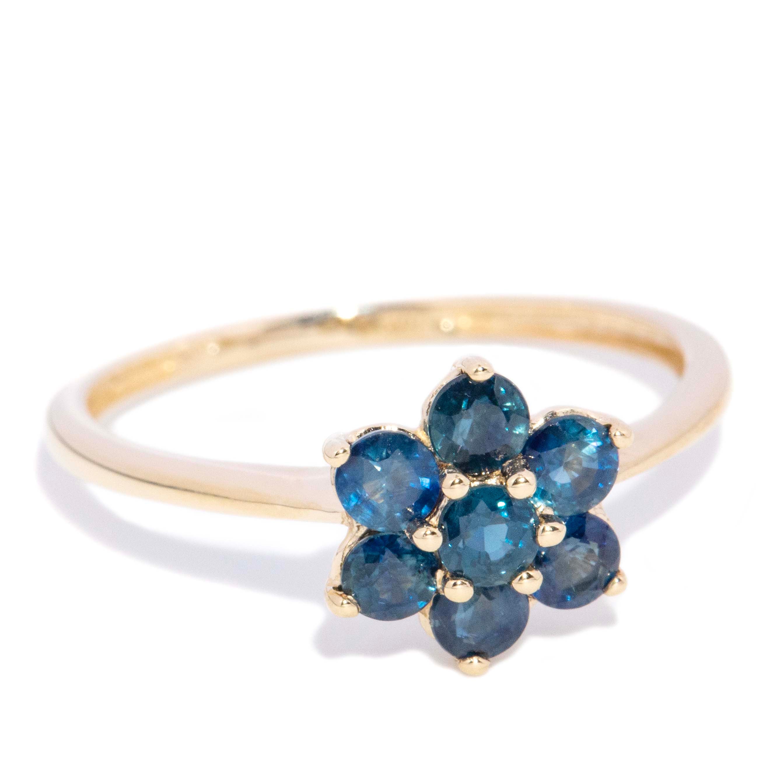 Janine 1980s Sapphire Flower Cluster Ring 10K Yellow Gold