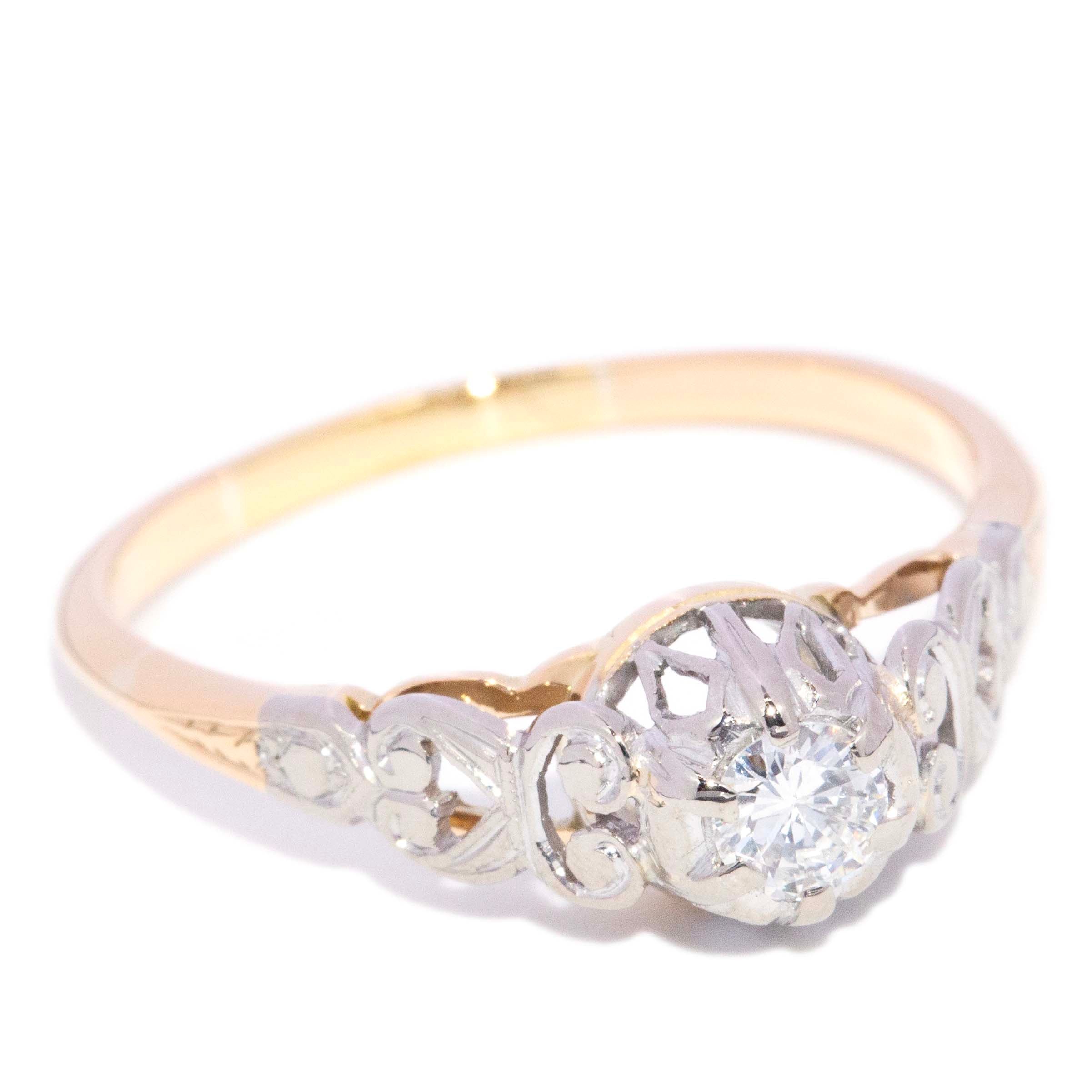 Jeannie Diamond Openwork Solitaire Ring 18K Two Tone Gold