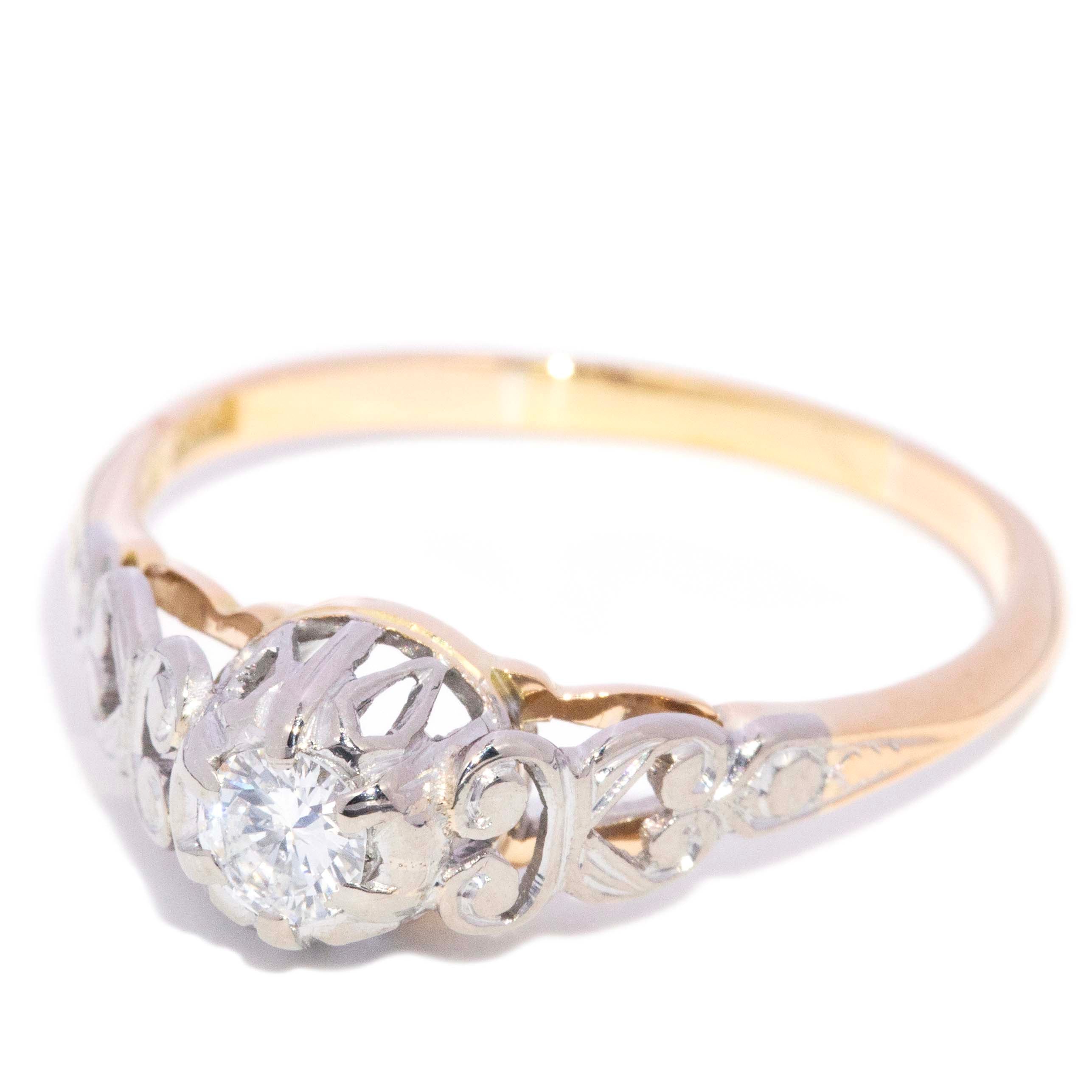 Jeannie Diamond Openwork Solitaire Ring 18K Two Tone Gold
