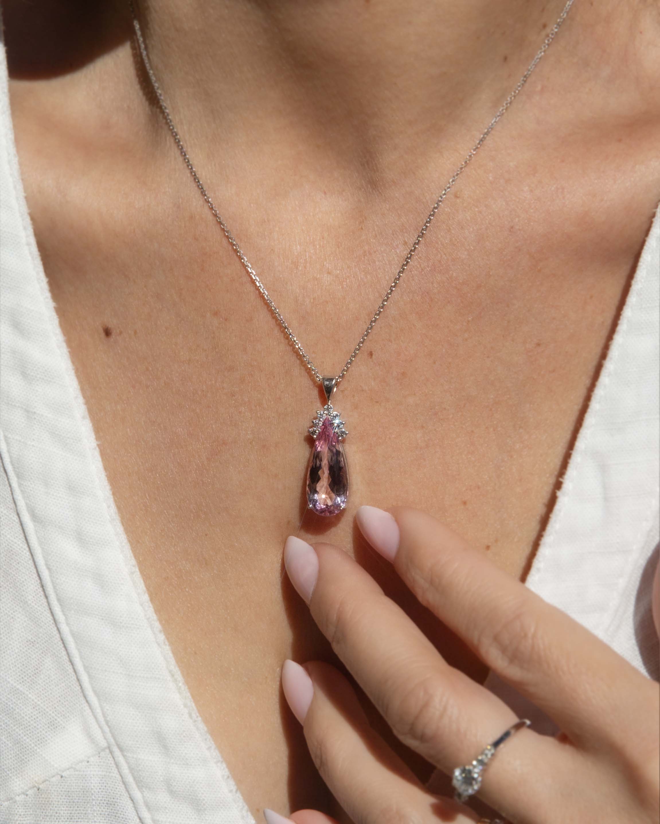 Jenna Contemporary Pear Cut Pink Morganite & Diamond Pendant 18ct White Gold Pendants/Necklaces Imperial Jewellery 