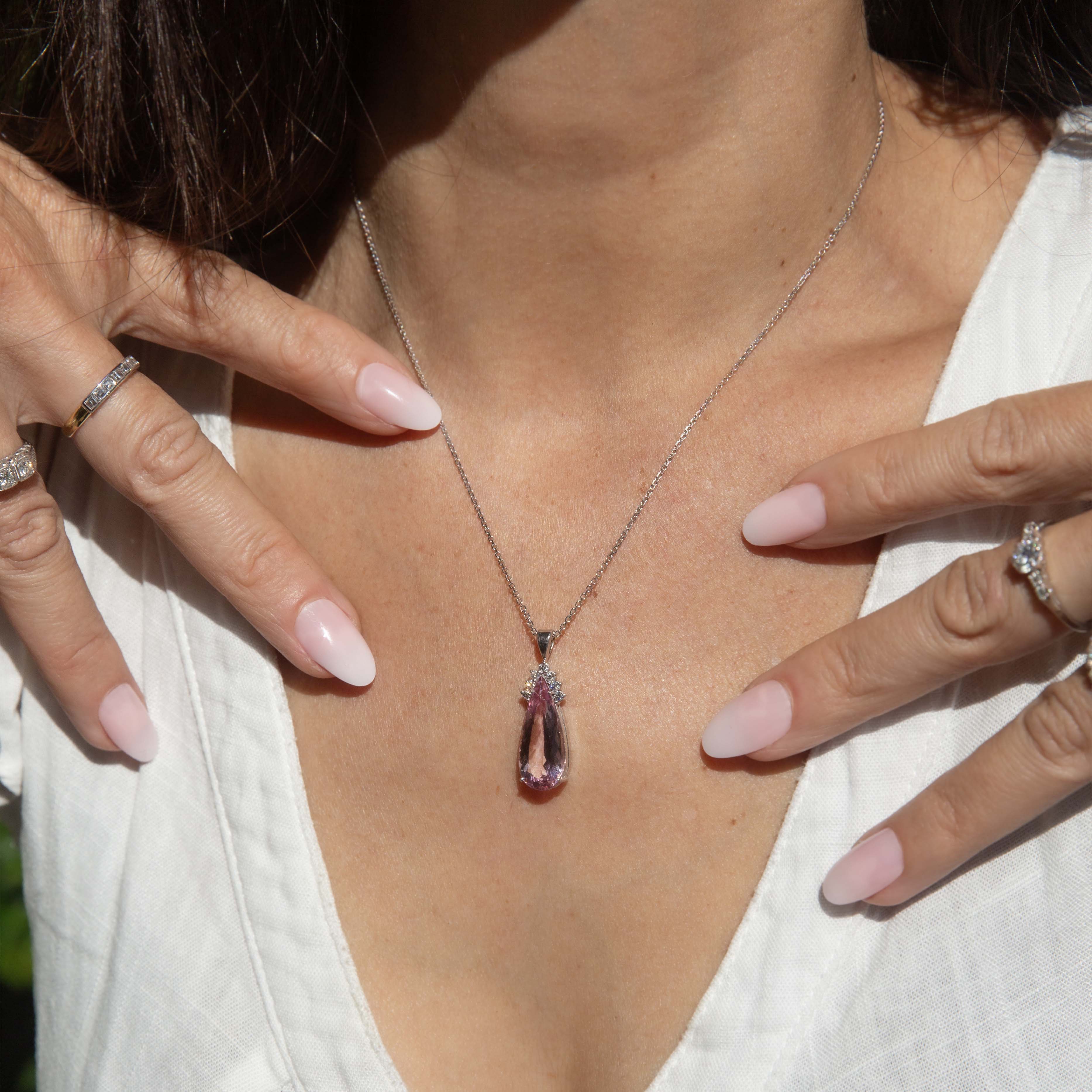 Jenna Contemporary Pear Cut Pink Morganite & Diamond Pendant 18ct White Gold Pendants/Necklaces Imperial Jewellery 