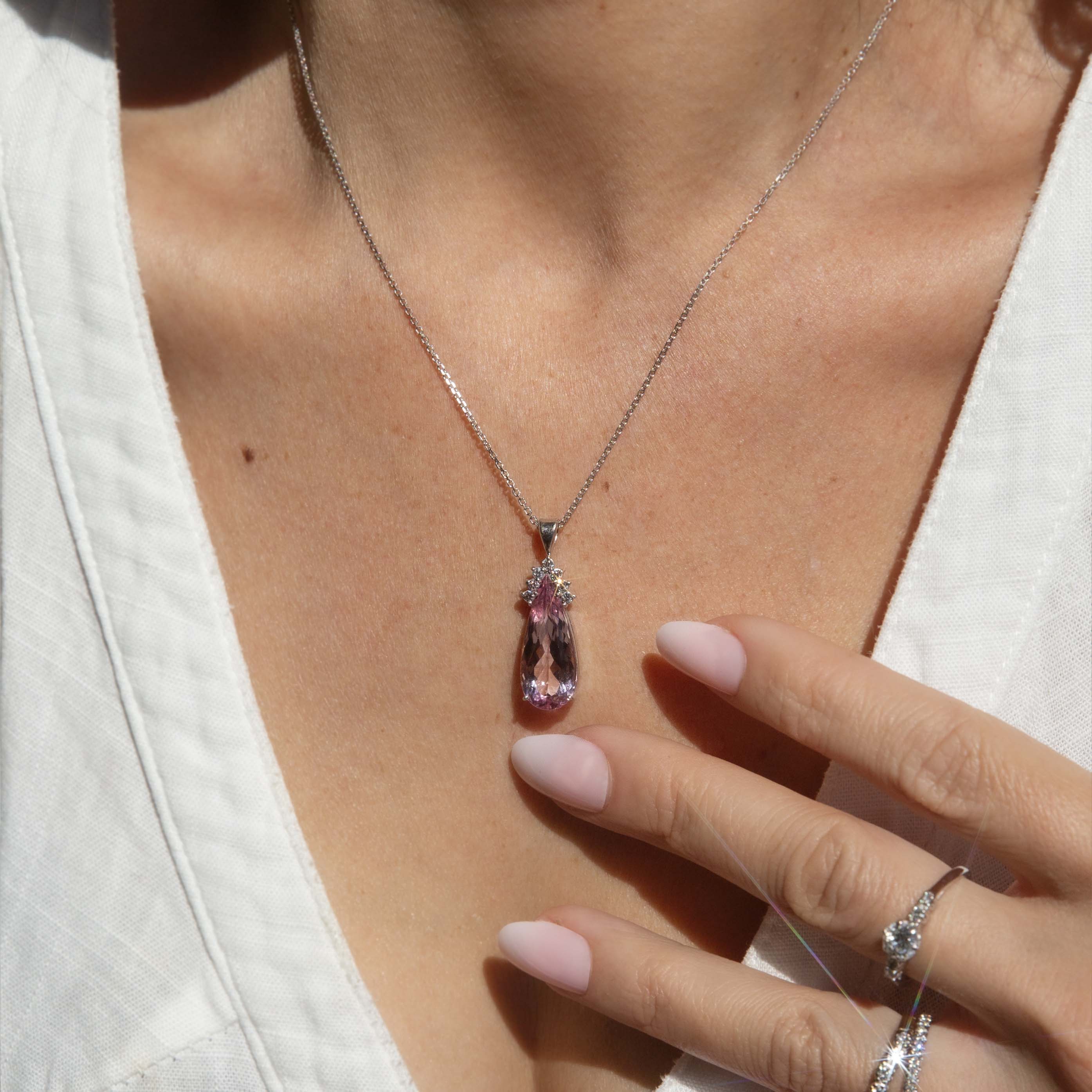 Jenna Contemporary Pear Cut Pink Morganite & Diamond Pendant 18ct White Gold Pendants/Necklaces Imperial Jewellery 