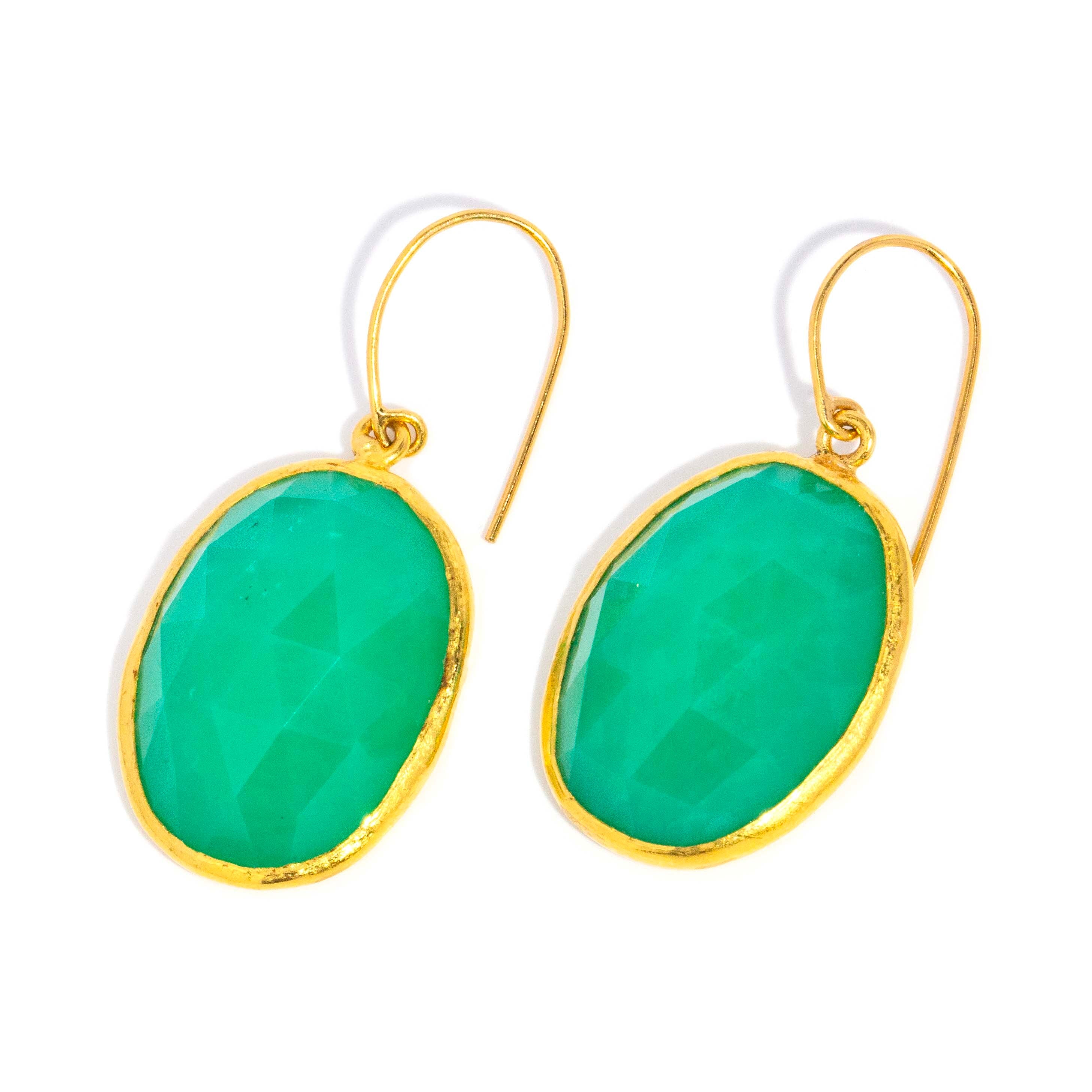 Kaia Vintage Circa 1990s Faceted Oval Chrysoprase Hook Earrings 22ct Yellow Gold Earrings Imperial Jewellery 