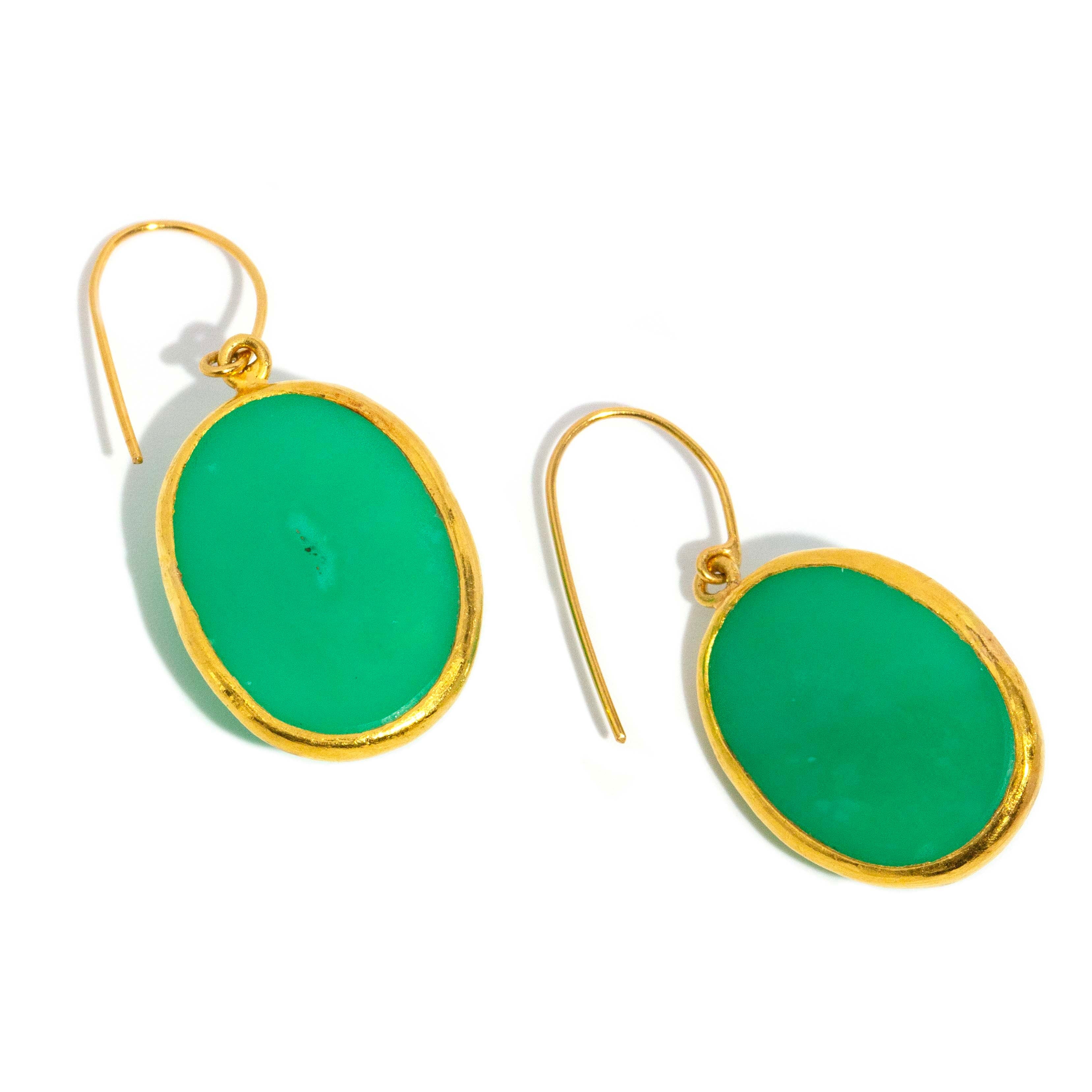 Kaia Vintage Circa 1990s Faceted Oval Chrysoprase Hook Earrings 22ct Yellow Gold Earrings Imperial Jewellery 