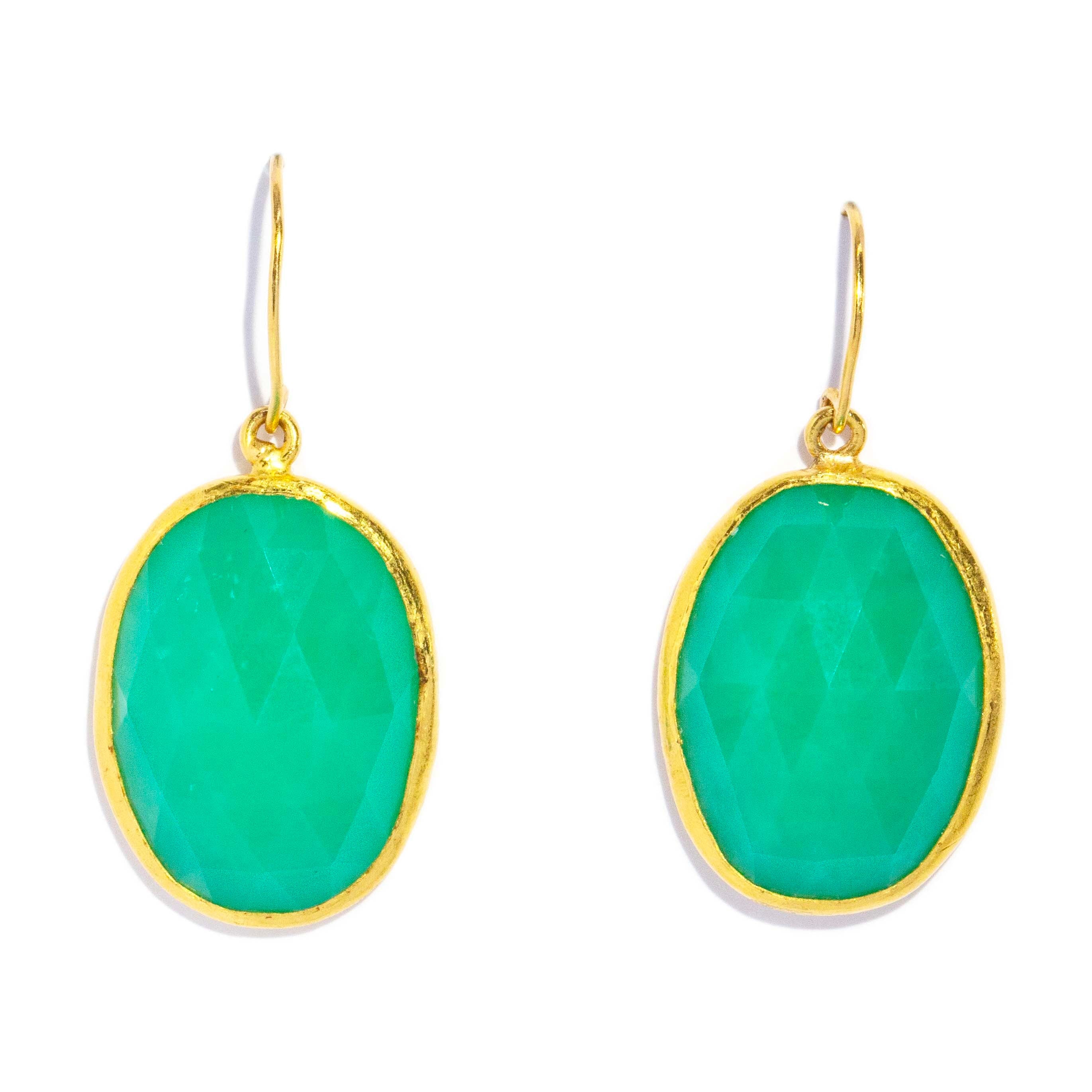 Kaia Vintage Circa 1990s Faceted Oval Chrysoprase Hook Earrings 22ct Yellow Gold Earrings Imperial Jewellery 