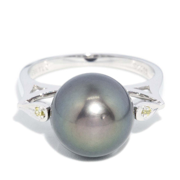 Contemporary Tahitian Pearl & Sapphire Ring 18 Carat White Gold
