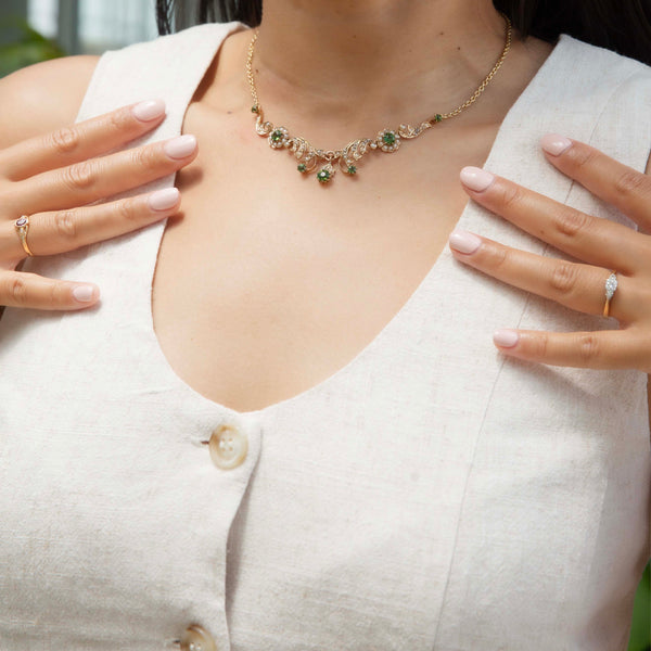 Kerra 1930s Green Sapphire & Seed Pearl Floral Necklace 9ct Gold Pendants/Necklaces Imperial Jewellery 