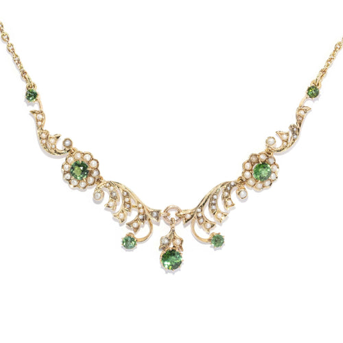 Kerra 1930s Green Sapphire & Pearl Necklace 9K Yellow Gold