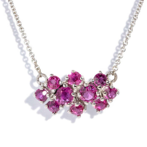 Kerry 1980s Pinkish Red Ruby Cluster Necklet 9K White Gold