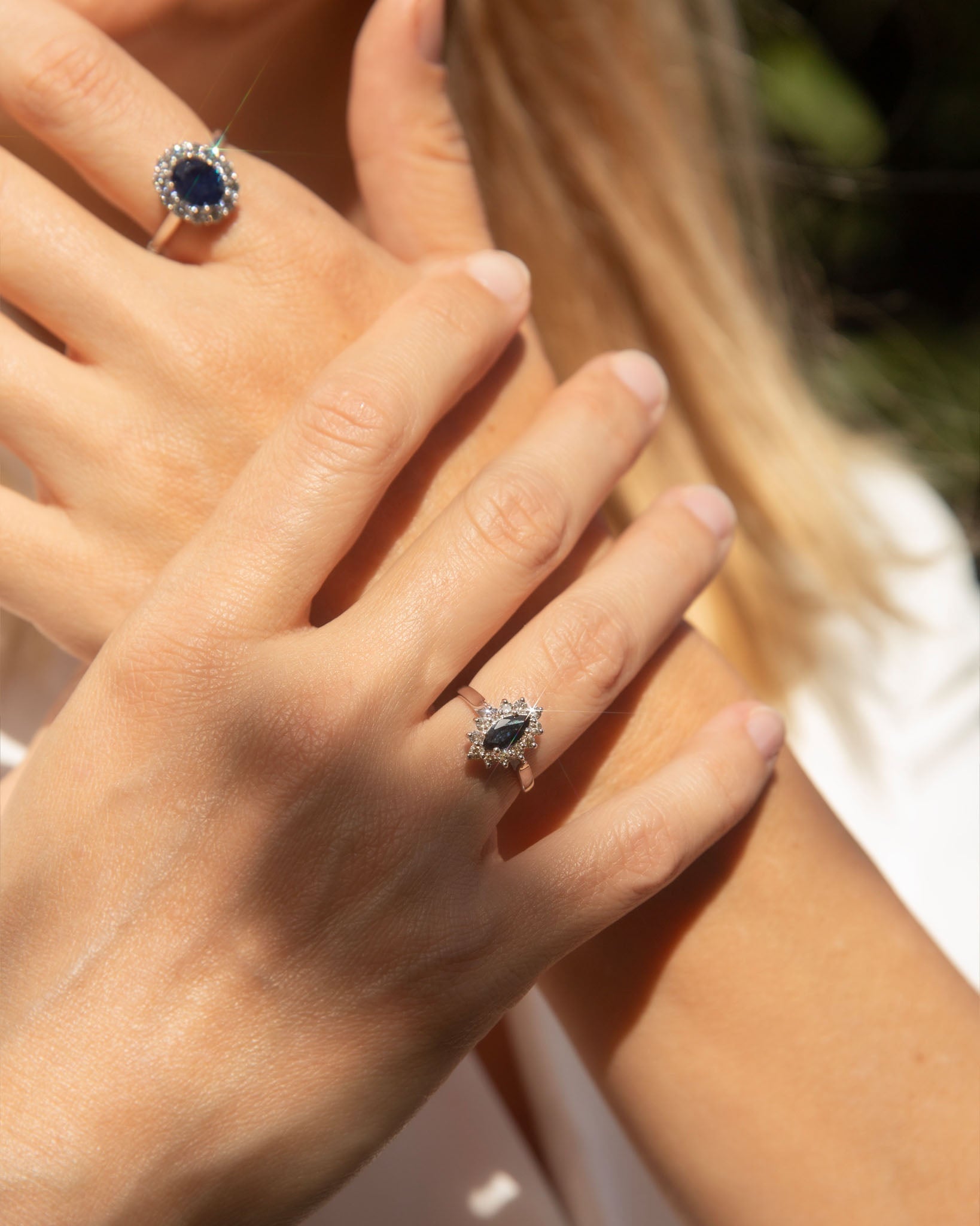 Kitty Blue Sapphire & Diamond Marquise Ring 9K White Gold Rings Anthology Jewellers 