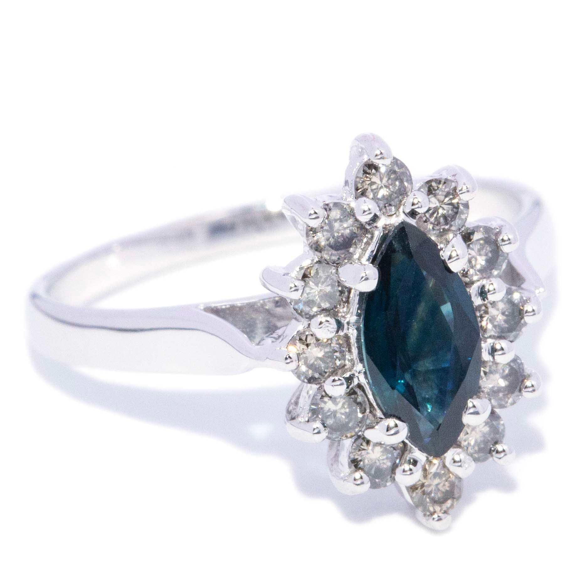 Kitty Blue Sapphire & Diamond Marquise Ring 9K White Gold Rings Anthology Jewellers 